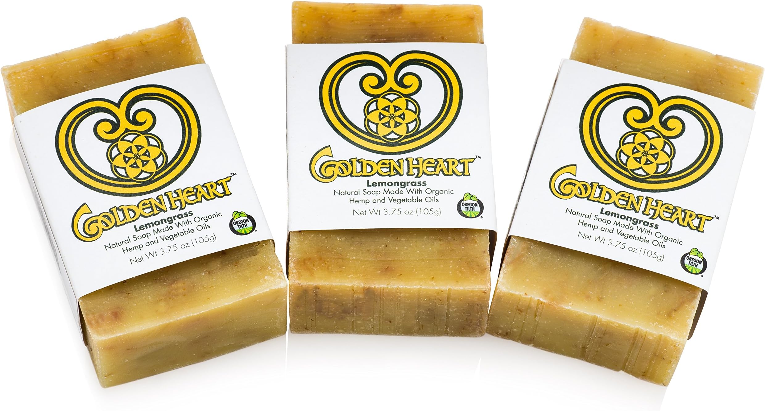Golden Heart - Lemongrass Hemp Natural Bar Soap, Handmade with Certified Organic Ingredients (4.4 oz bars, 3-Pack)
