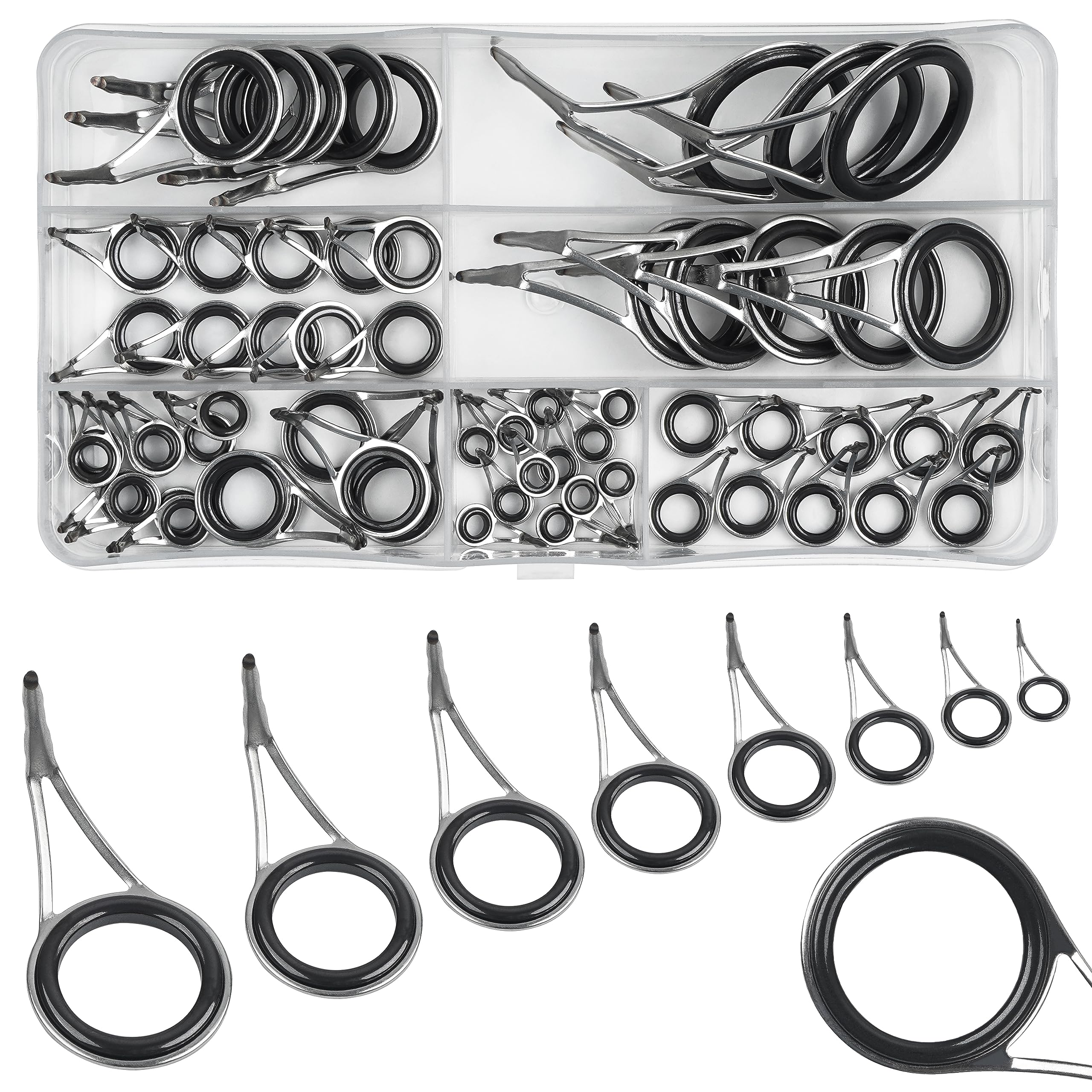Fishing Rod Guide Tip Repair Kit 60pcs Spinning Casting Fishing Rod Guides Replacement Set Stainless Steel Ceramic Single Foot Eye Rings Guide Rod Tip Replacement Parts with Box