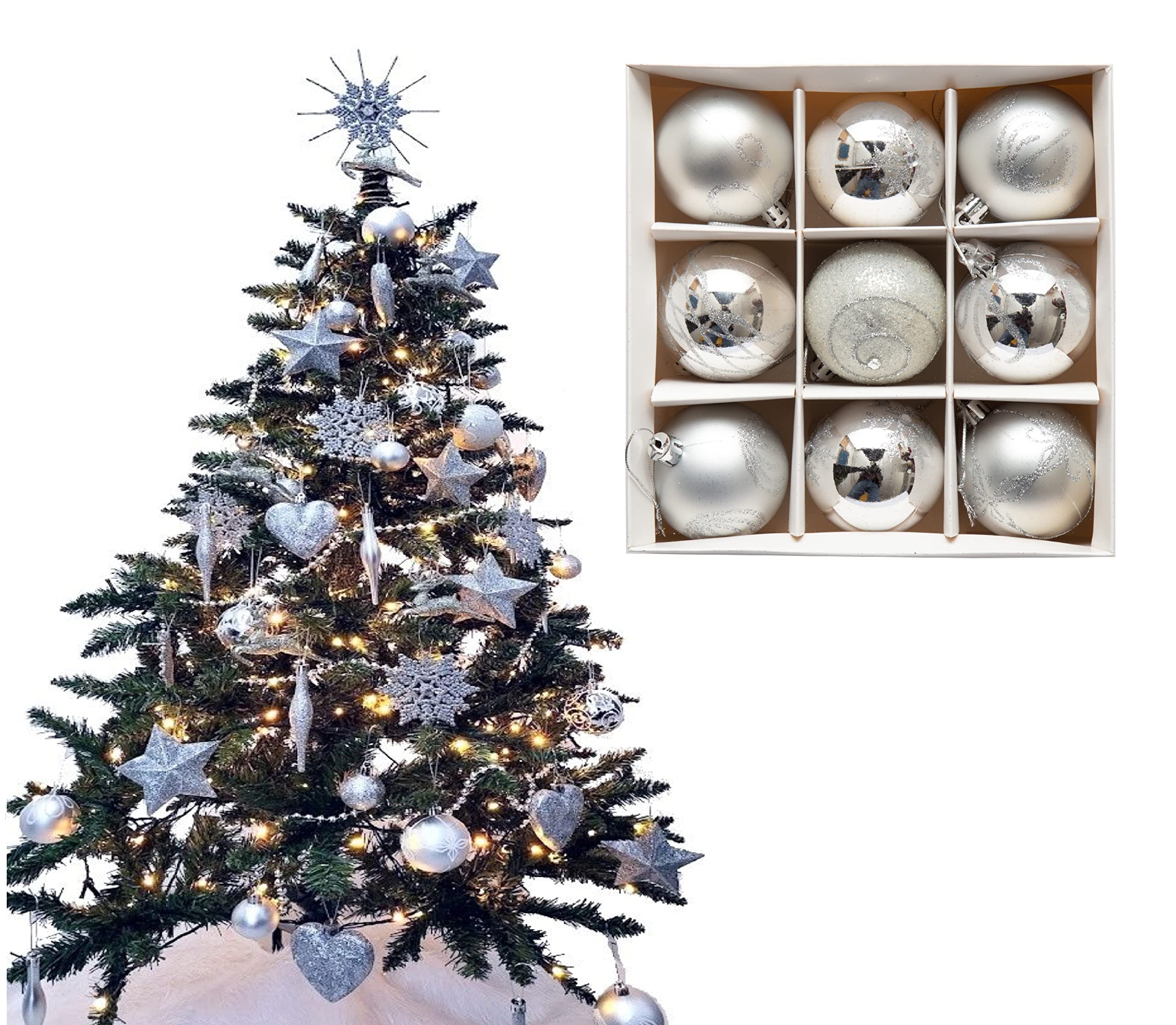 9pc Luxury Premium Baubles, Christmas Tree Bauble Decorations Matte, Glitter, shiny & Frosted (6cm) (Silver) — image 1