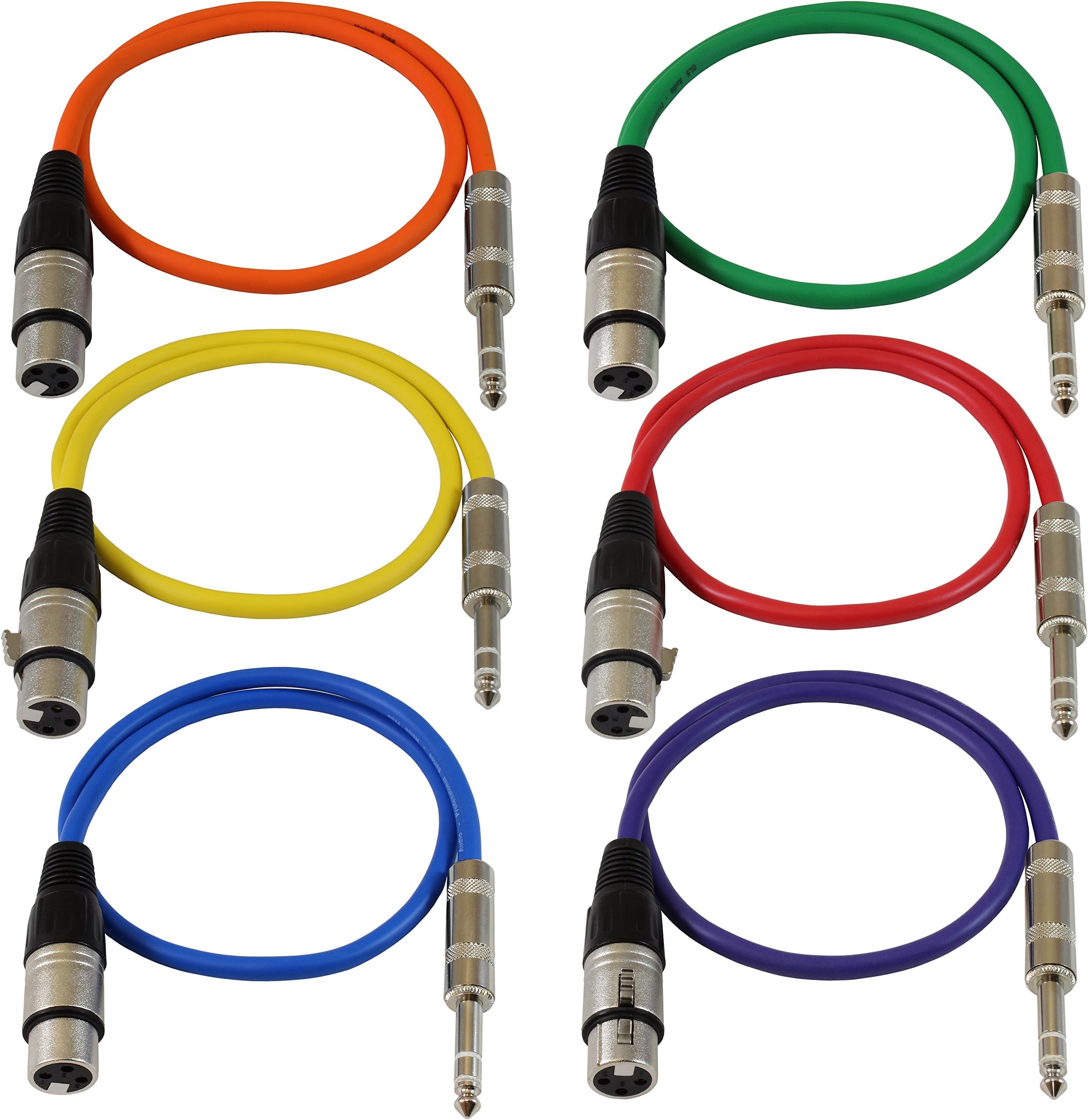 GLS Audio 2ft Patch Cable Cords - XLR Female to 1/4" TRS Color Cables - 2' Balanced Snake Cord - 6 Pack