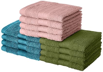 Amazon Brand - Solimo 100% Cotton 12 Piece Towel Set, 500 GSM (Turquoise Blue, Olive Green and Baby Pink)