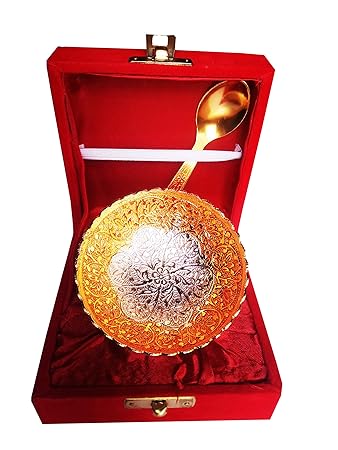 Urban Crafts India Brass Royal King Bowl with Spoon Set with Velvet Box (Gold Silver)