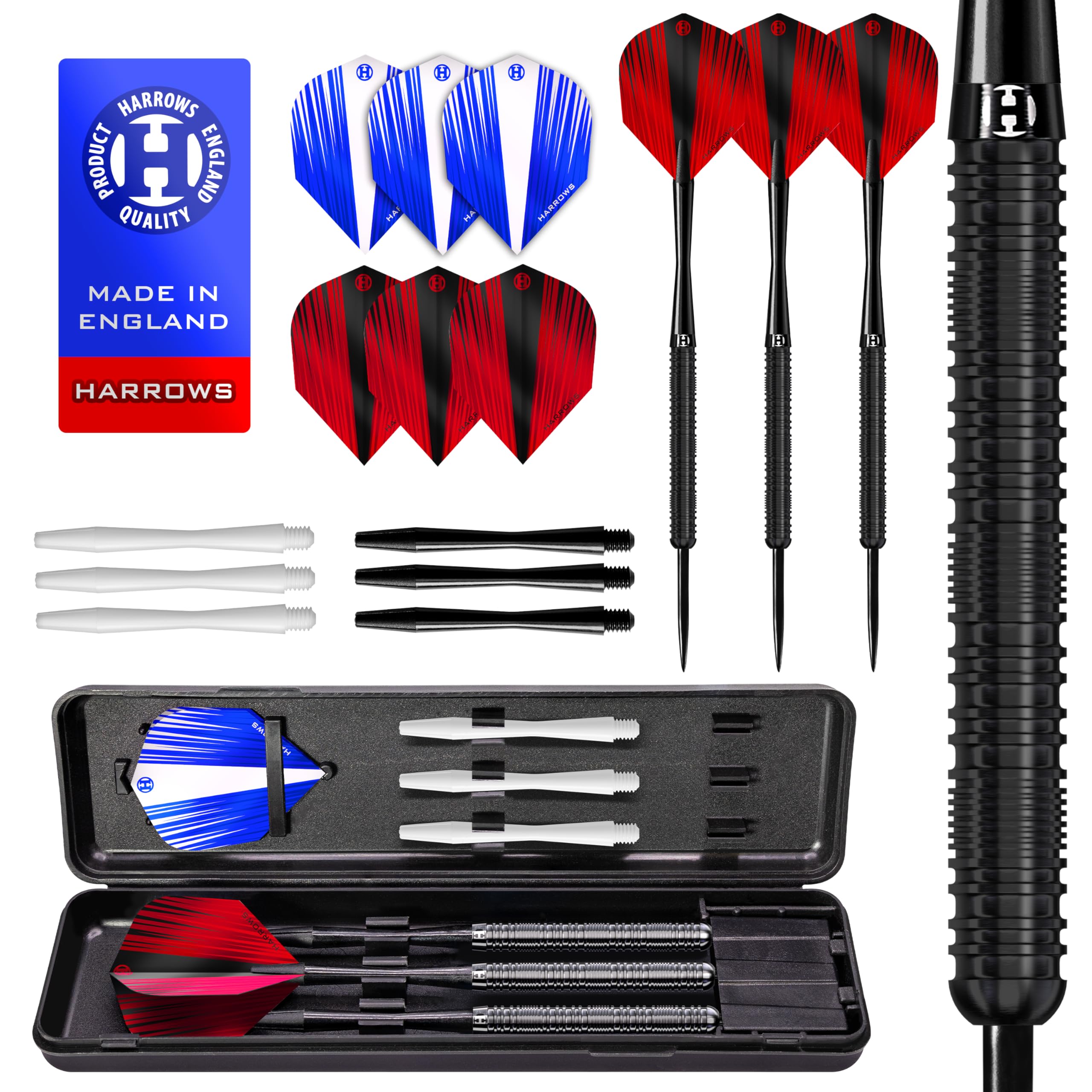 Harrows Caliber 90% Black Tungsten Steel Tip Darts Set I 21g to 30g All Weights Available I Huge 16pcs Bundle with Spare Shafts, Prime Flights & Travel Case (Black 22g)