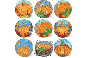 DOTSOPS 8 Pcs Pumpkin Diamond Art Coasters with Holder Diamond Painting Coasters for Beginners Adults Beginners for Birthday Gifts Craft Supplies
