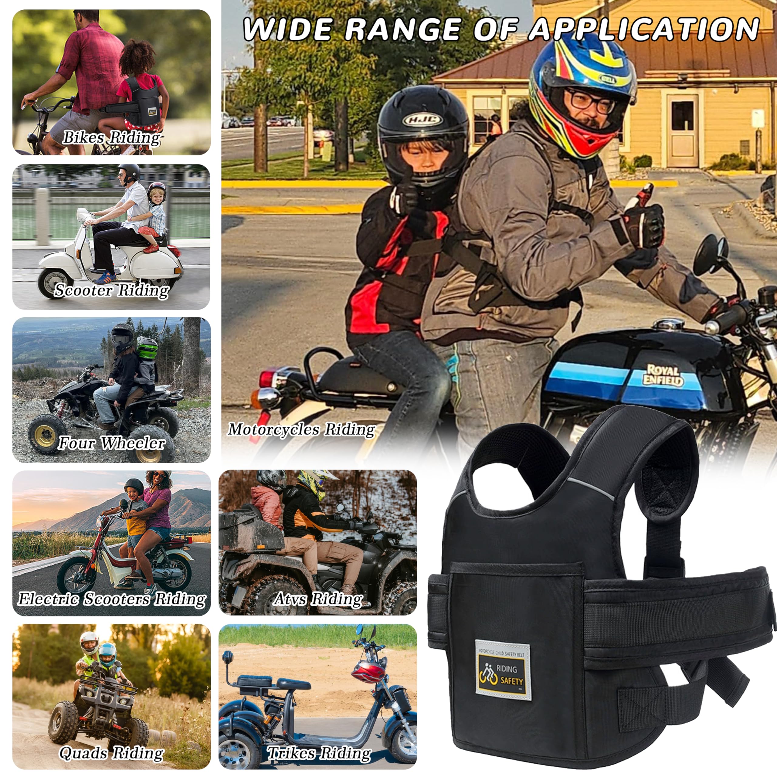 Child Motorcycle Safety Harness Reflective Strip, Reflective Child Motorcycle Harness Adjustable, Safety Harness For Kids & Toddlers Aged 3-12 Years - Black