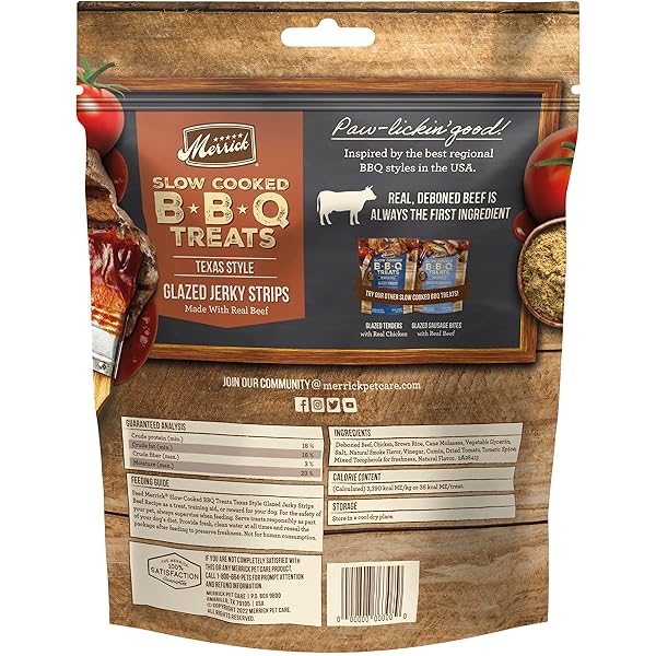 MERRICK BBQ SLOW COOKED BEEF, TEXAS STYLE GLAZED JERKY STRIPS DRY DOG TREATS, 10 OZ.