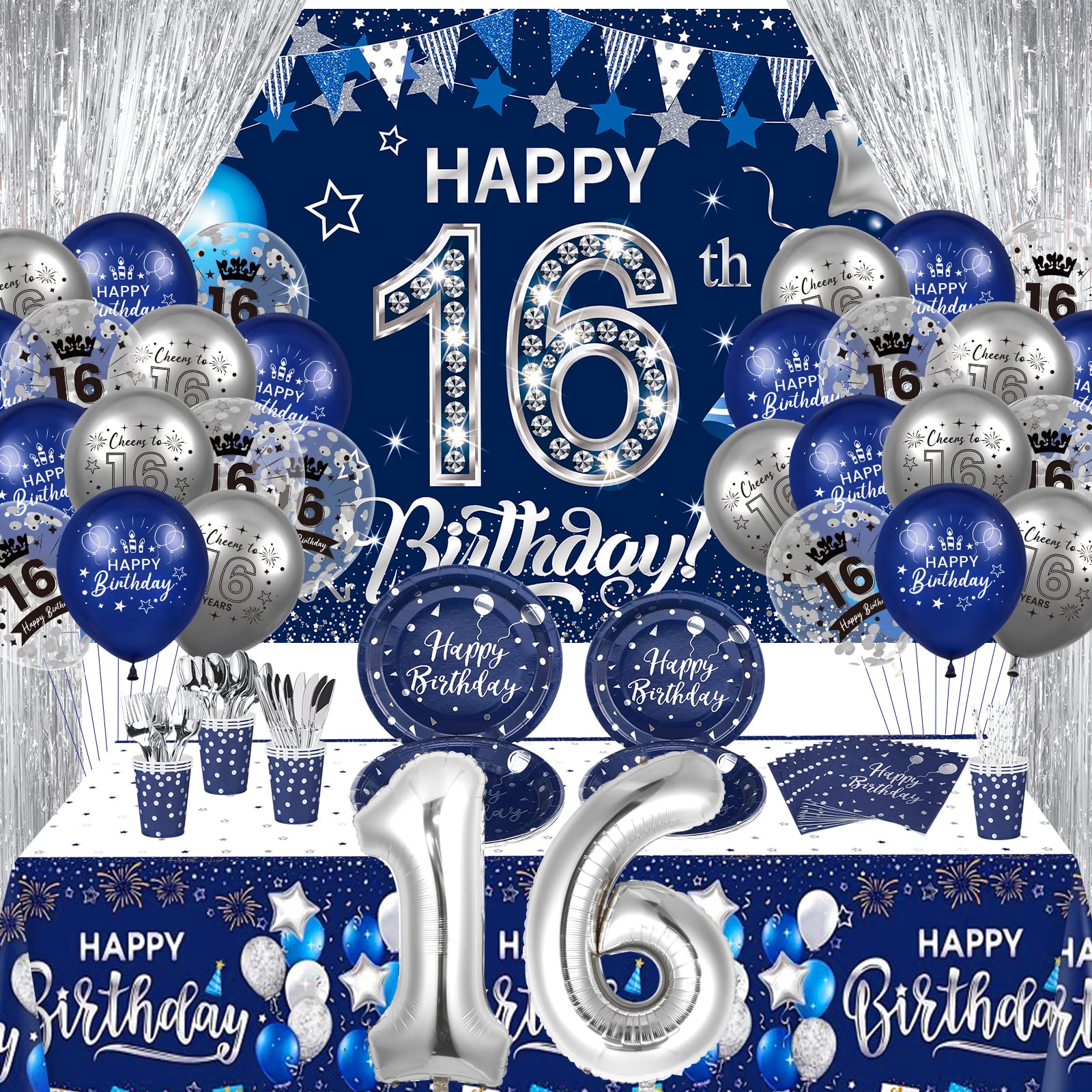 Photo 1 of 16th Birthday Decorations for Boys Girls, Navy Blue Silver 16th Birthday Party Supplies Blue Happy 16th Birthday Banner Balloons Napkins Cups Tablecloth Foil Backdrops for Sweet 16th Birthday