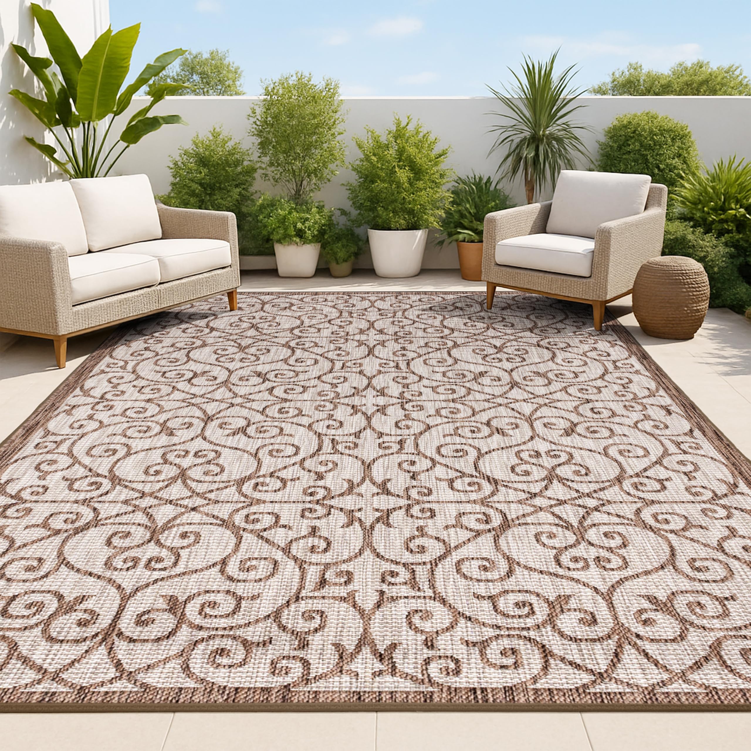 JONATHAN Y Vintage Filigree Indoor Outdoor Area Rug 6X9 Taupe/Espresso, Madrid Textured Weave for Backyard, Patio, Porch, Easy-Cleaning, High Traffic, Pet-Friendly, Non-Shedding (SMB107C-6) Image
