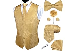 GUSLESON Formal Men Vest Paisley Floral Jacquard Tie Waistcoat Bow tie Hanky Lapel Pin Cufflinks Set Wedding 7PCS