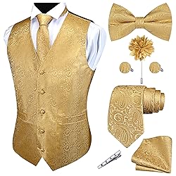 GUSLESON Mens Paisley Gold Suit Vest Tie and Bow
