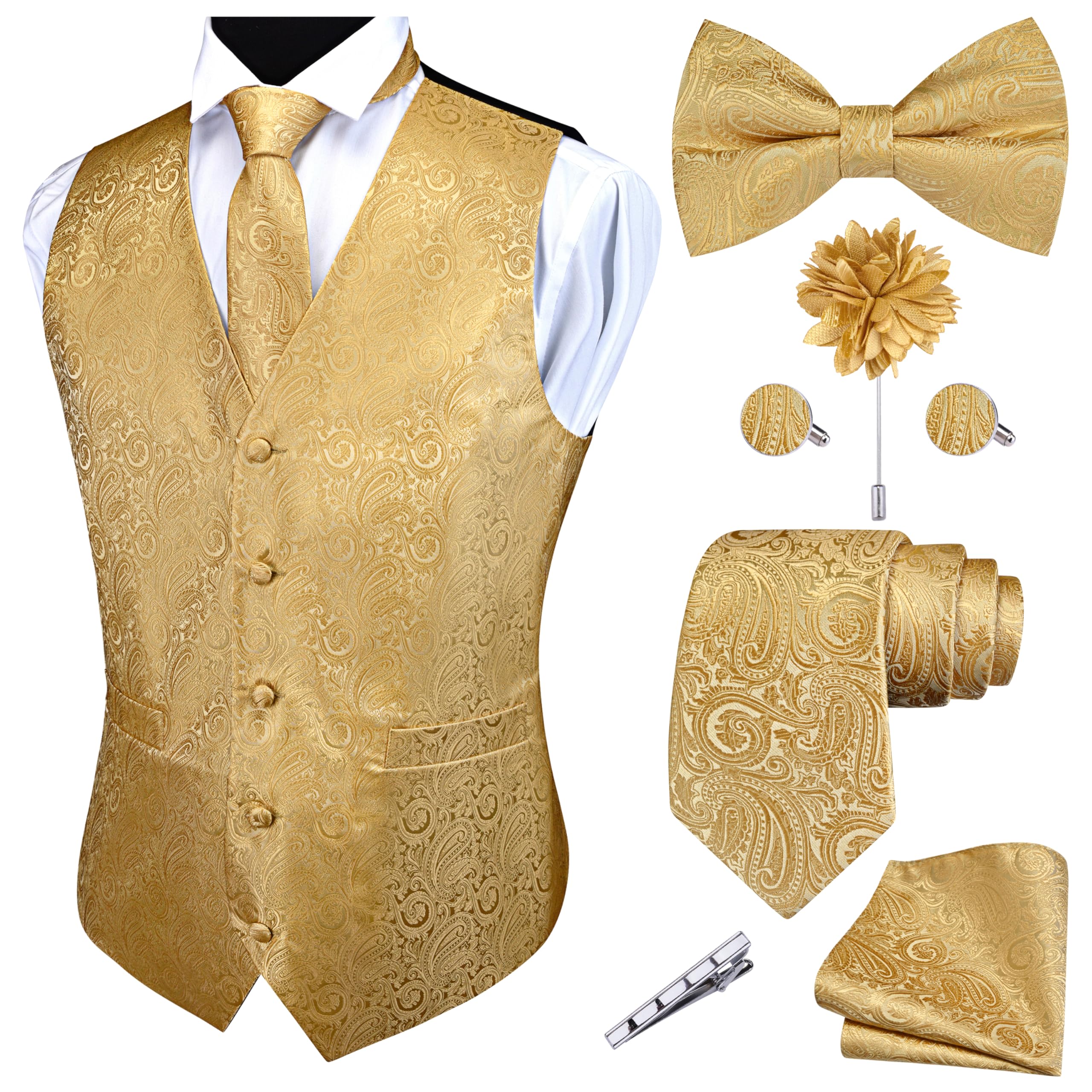 GUSLESON Mens Paisley Gold Suit Vest Tie and Bow
