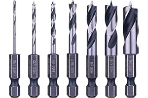 NordWolf 7-Piece HSS Brad Point Stubby Wood Drill Bit Set with 1/4" Hex Shank for Carpenter Woodworking, SAE Sizes 1/16"-3/32"-1/8"-3/16"-1/4"-5/16"-3/8"