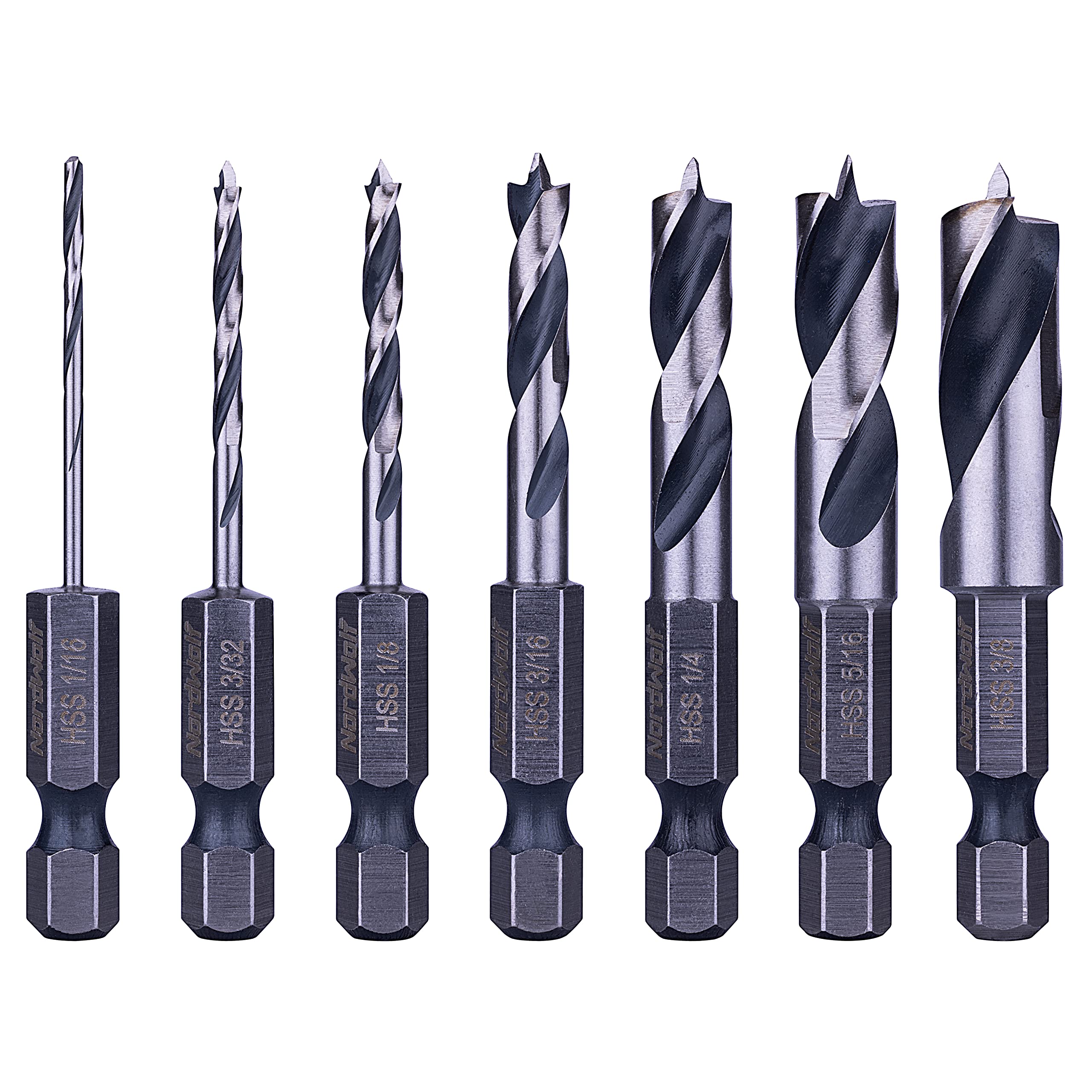 NordWolf 7-Piece HSS Brad Point Stubby Wood Drill Bit Set, with 1/4" Hex Shank for Carpenter Woodworking, SAE Sizes 1/16"-3/32"-1/8"-3/16"-1/4"-5/16"-3/8"
