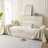 KaviKon Couch Cover for Dogs, Boho Sofa Covers for 3 Cushion Couch, Chenille Sofa Slipcover for Pets Washable, L-Shape Sectional Couch Loveseat Cover Soft Throw Blankets with Tassels(71x118,Arc Beige)