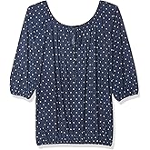 Star Vixen Womens Petite 3/4 Sleeve Peasant Elastic-Hem Keyhole-tie Top