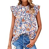 PRETTYGARDEN Women Button Down Boho Shirts Floral Ruffle Cap Sleeve Mock Neck Flowy Casual Summer Blouses Tops