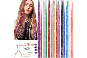 GRENNMAULER Hair Tinsel Kit (48 Inch,14 Colors,3500 strands), Glitter Tinsel Hair Extensions with Tools, Fairy Hair Tinsel Kit Heat Resistant for Women Hair Accessories