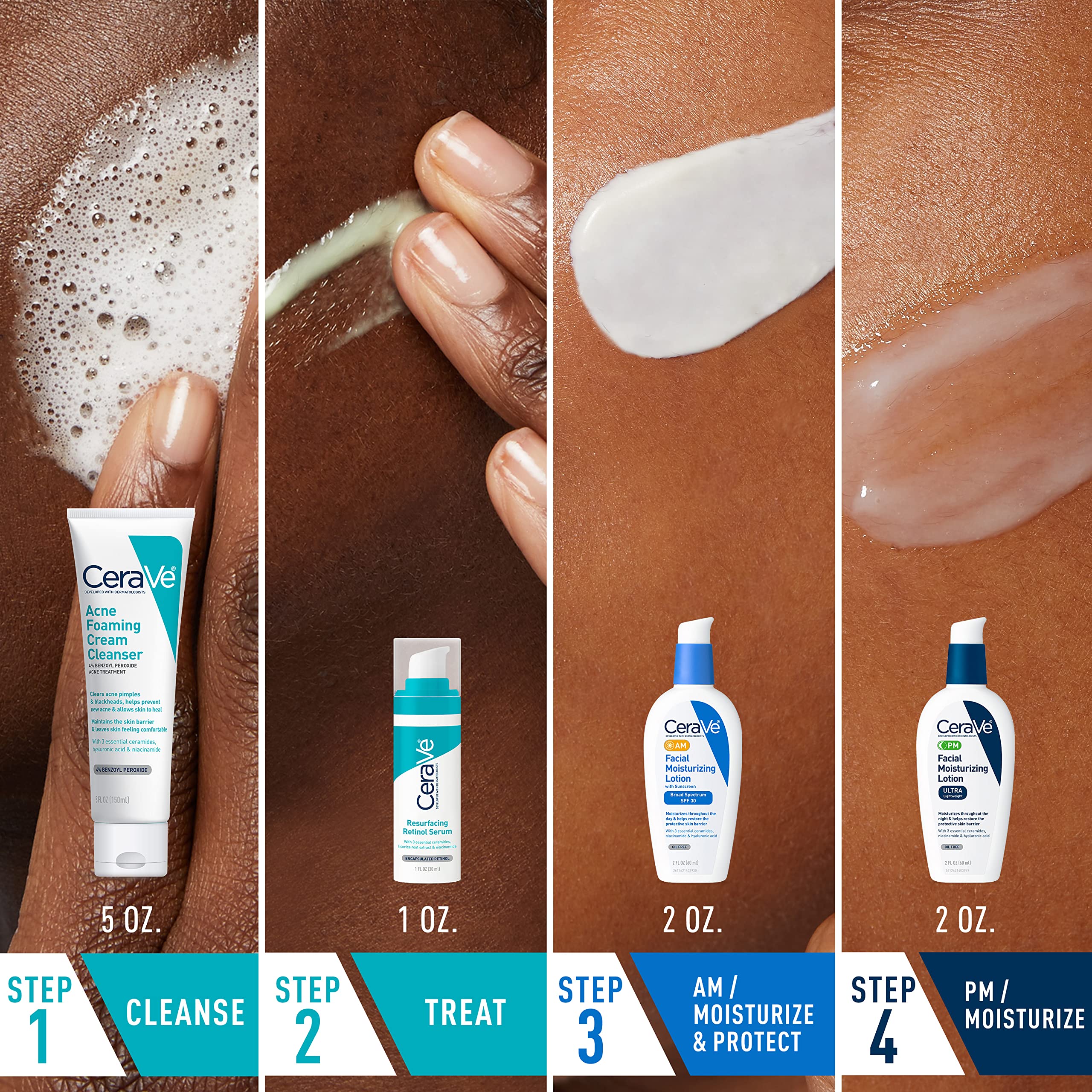 CeraVe Acne Skin Care Set, 5oz Acne Foaming Cream Cleanser + 1oz Resurfacing Retinol Serum + 2oz AM Facial Moisturizing Lotion with SPF 30 + 2oz PM Facial Moisturizing Lotion
