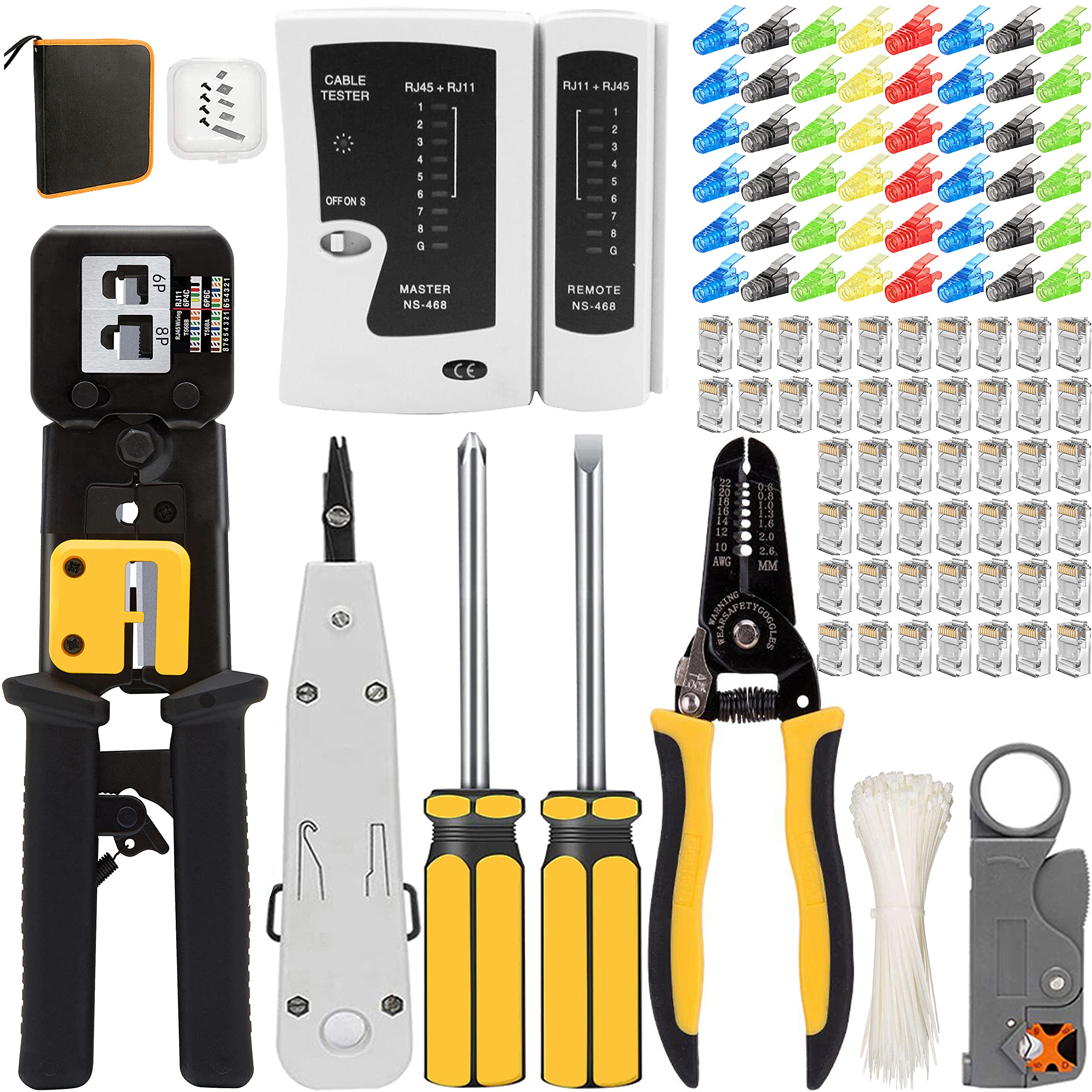 MAYLINE RJ45 Network Crimp Tool Kit Set, CAT5 CAT6 Crimper Cable Tester Repair Wire Stripping Cutter Kit, Pass Through Coax Plug Crimping, Punch Down Wire Data LAN Detector Stripper (Black)