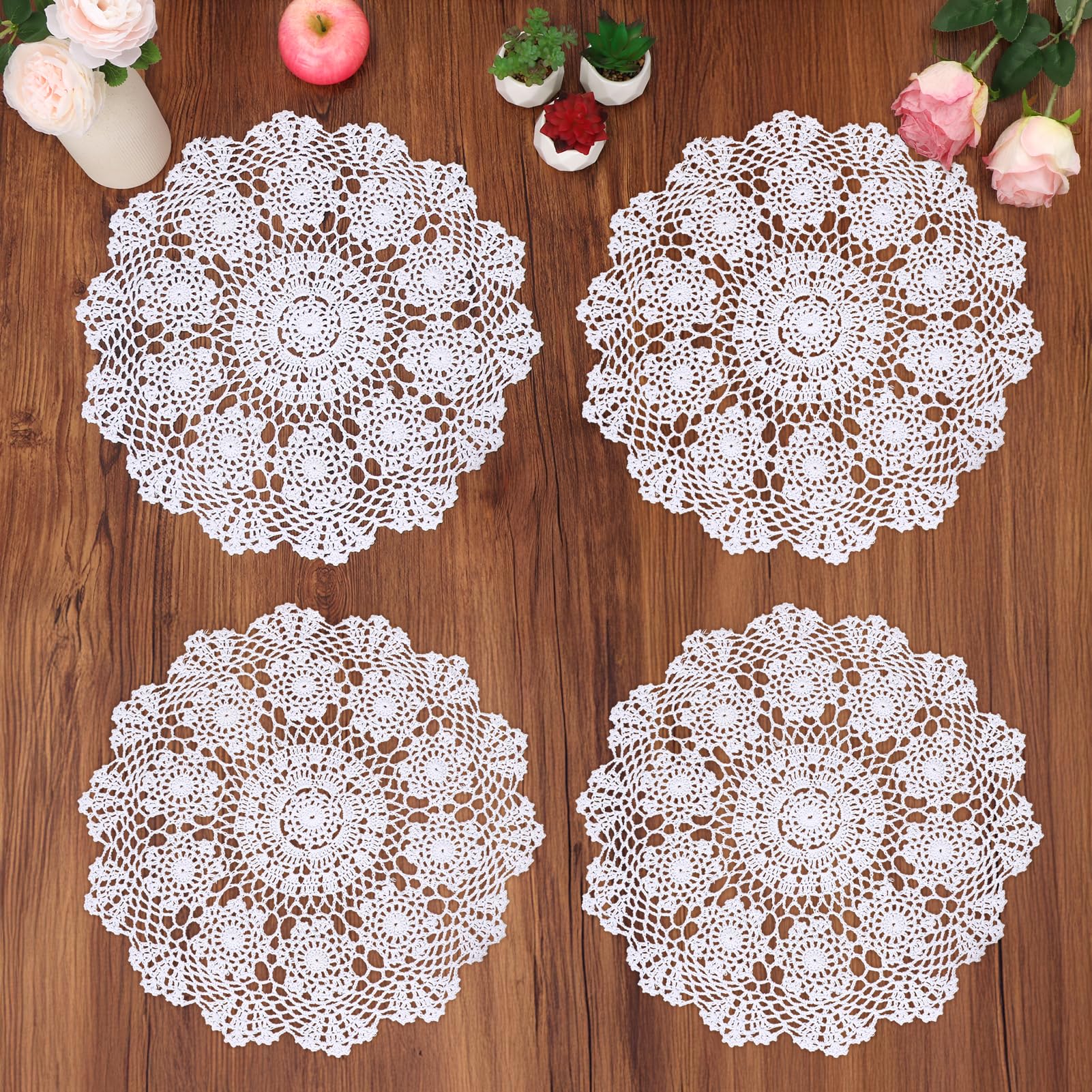 kilofly Crochet Cotton Lace Table Placemats Doilies Value Pack, 4pc, Rosary, White, 15 inch