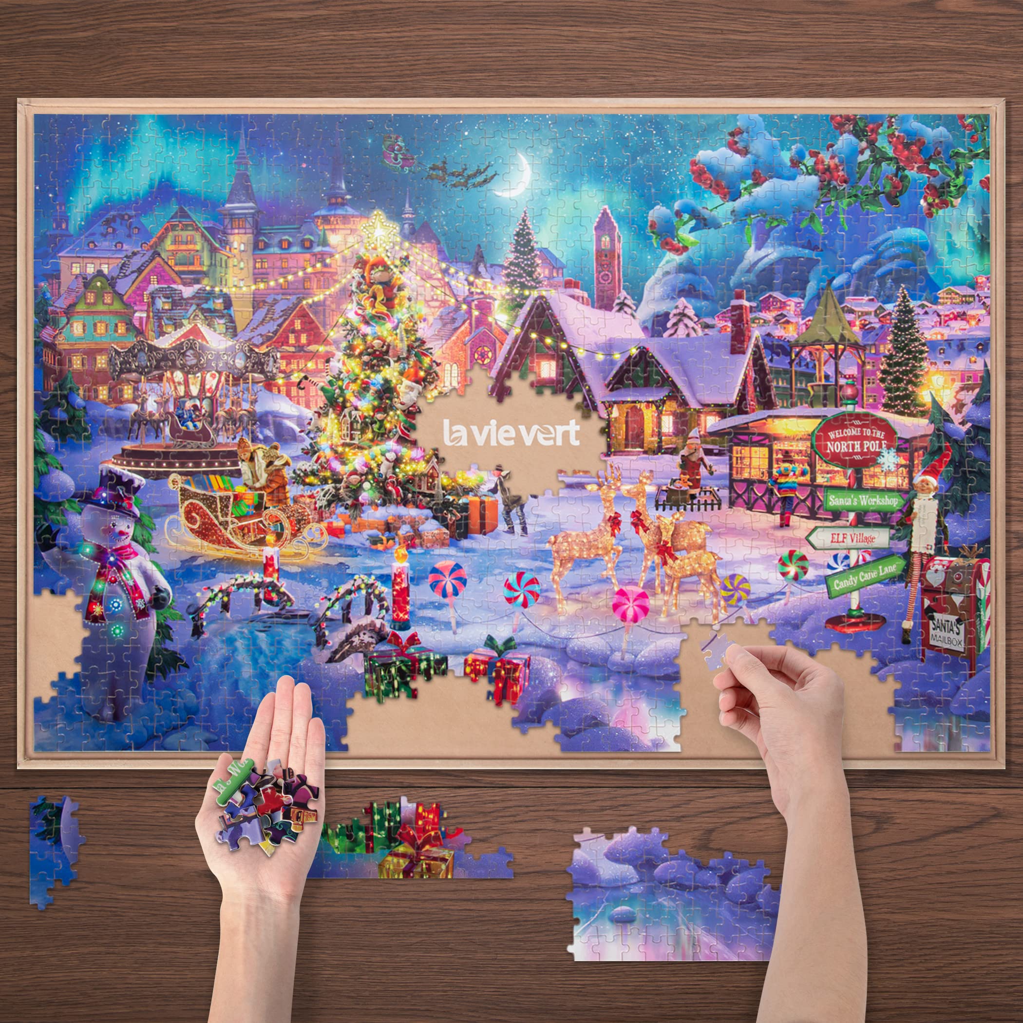 Lavievert Wooden Jigsaw Puzzle 1000 Piece Puzzle for Adults - Christmas Tree, Snowman, Milu Deer & Presents on Snowy Christmas Eve