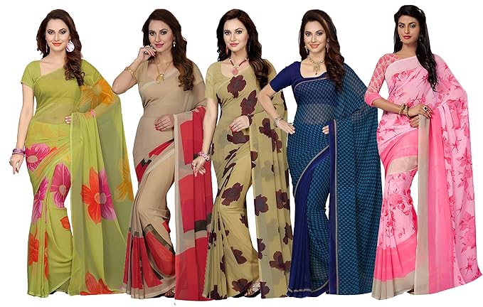 Womens Georgette Printed Saree (Multicolour) -Combo of 5