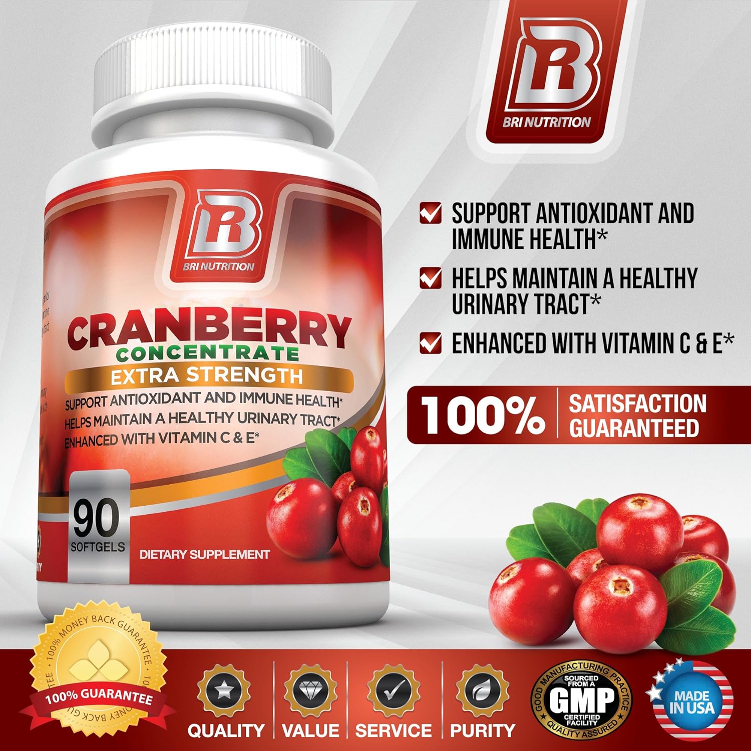 BRI Nutrition 3X Strength 12,600mg CranGel Power Plus: High Potency, Maximum Strength Cranberry SoftGel Capsules Fortified with Vitamins C and Natural E - 90 Softgels: Health & Personal Care