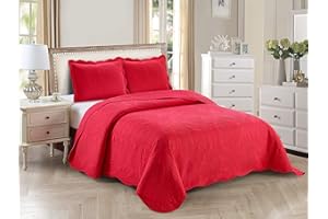 Kids Zone Home Collection, Over Size, Elegant Vintage Floral Pattern Embossed, Light Weight, Scalloped Edges, Bedspread Set, Solid, #Stacy, 3 Pieces, Full/Queen, Red