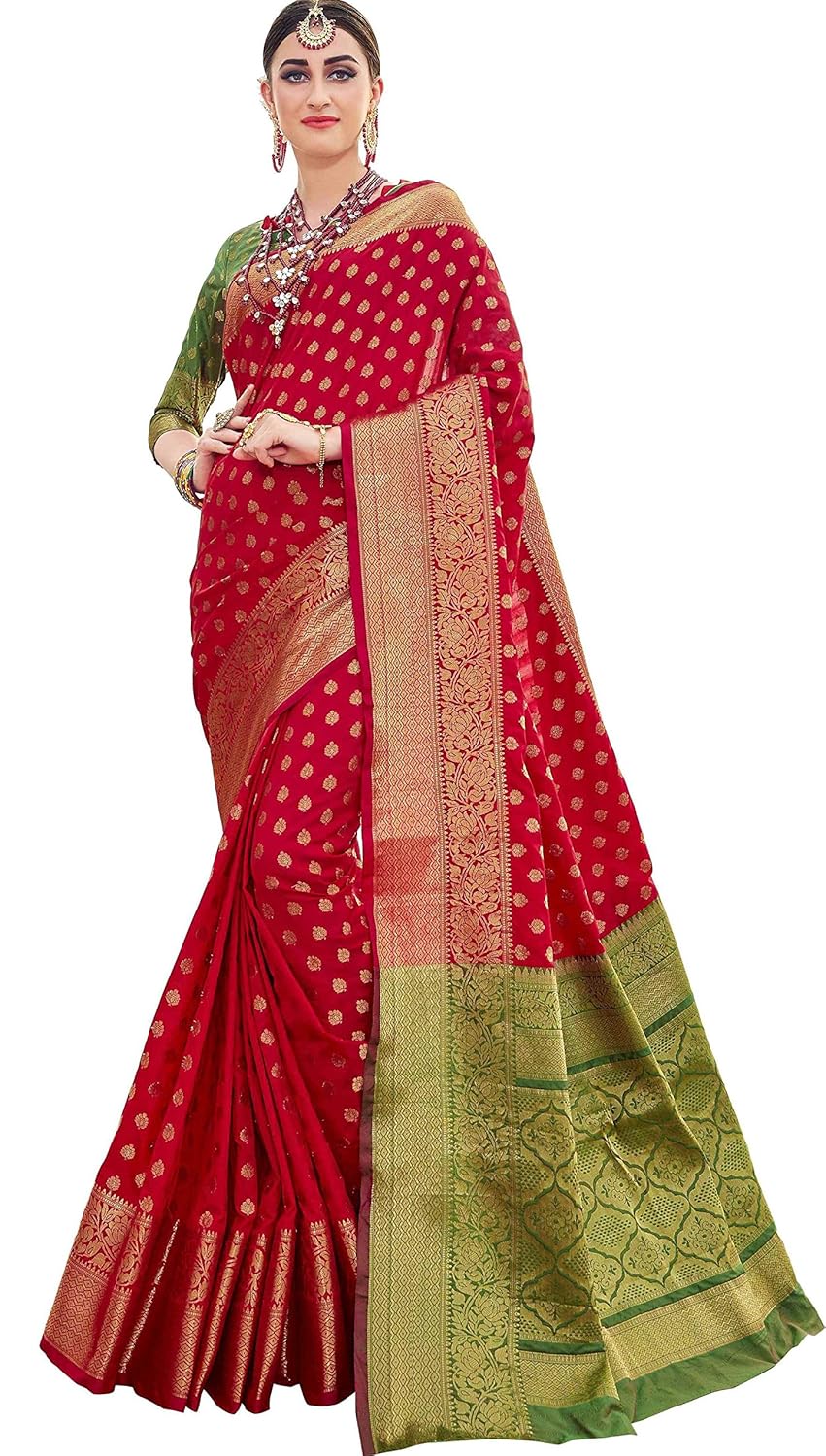 ethnicjunction booti zari butta banarasi silk saree with zari thread work unstitched blouse piece(ej1178-7978, kumkum red)