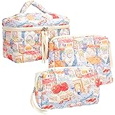 PAZIMIIK 3PCS Makeup Bag SET Large Travel Quilted Zipper Soft Cosmetic Case Pouch for Women Girls Make Up,Little Bunny