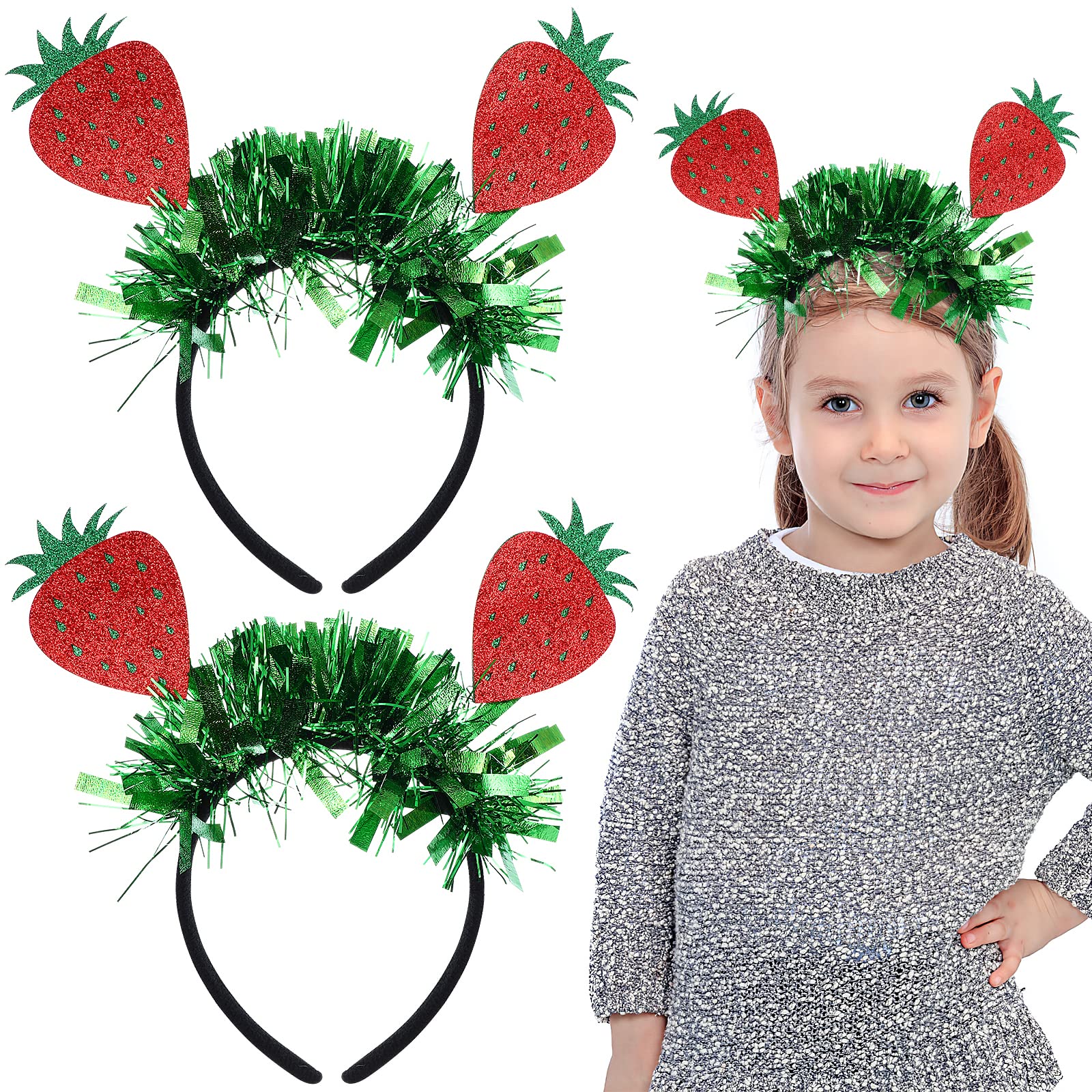 Amosfun 2pcs Hawaiian Party Head Boppers Strawberry Fruit Headband Glitter Summer Luau Hair Hoop Novelty Hair Accessory for Kids Beach Parties