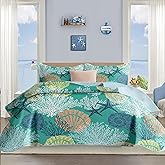 Tritard 3 Piece Coastal Quilt Sets King Size - Reversible Microfiber Quilts with 2 Shams Soft Lightweight Beach Bedding Nautical Bedspread Coverlet Summer Comforter Set for All Season, 106''x96'', C3