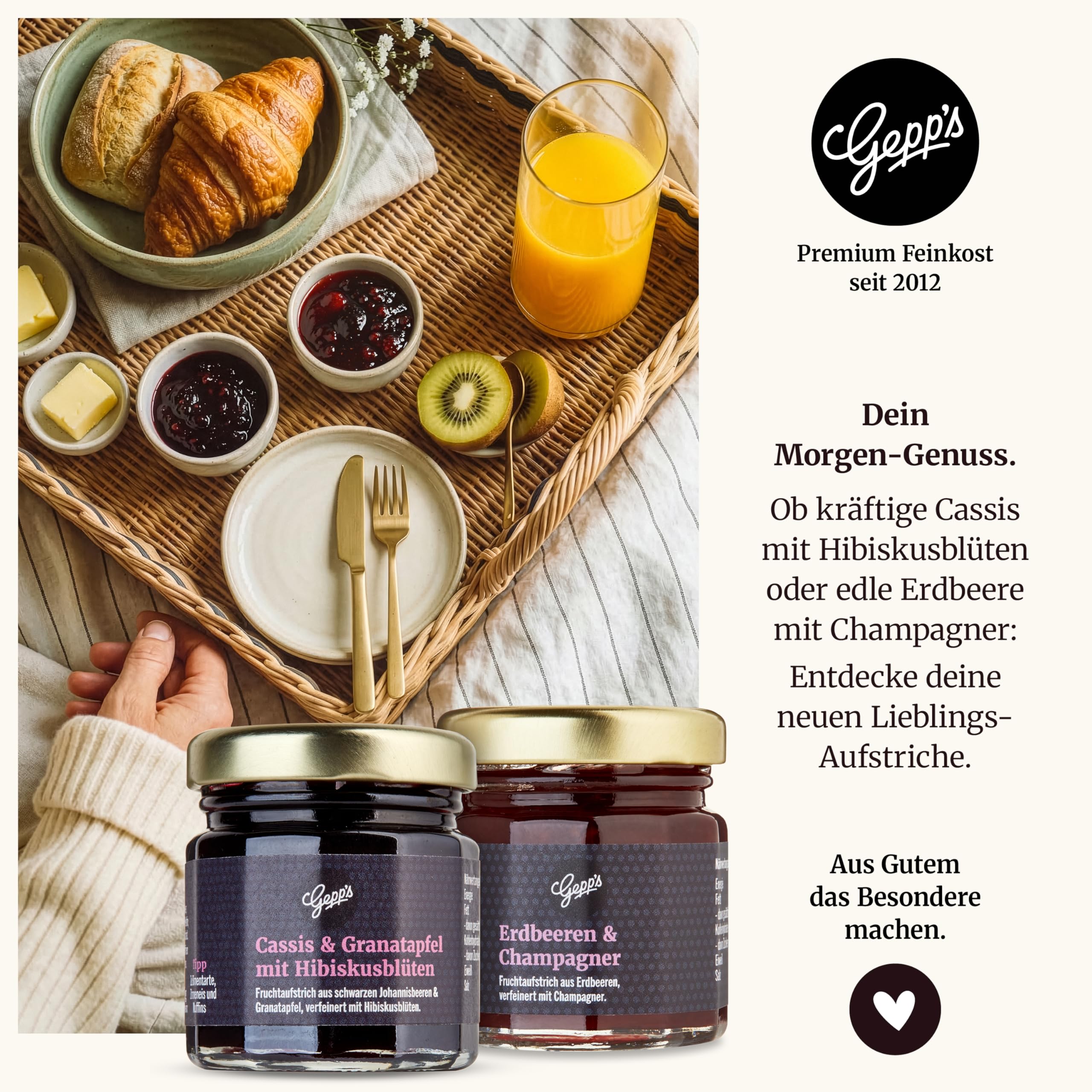 Gepp's Feinkost Frühstück Marmeladen Set I Mini Konfitüren in verschiedenen Geschmacksrichtungen I Geschenk mit Spezialitäten wie Mango Ingwer Erdbeer & Champagner Fruchtaufstrich 6