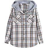 Derbars Womens Flannel Hoodie Shirts Long Sleeve Plaid Jacket Casual Cotton Button Down Shirt for Women