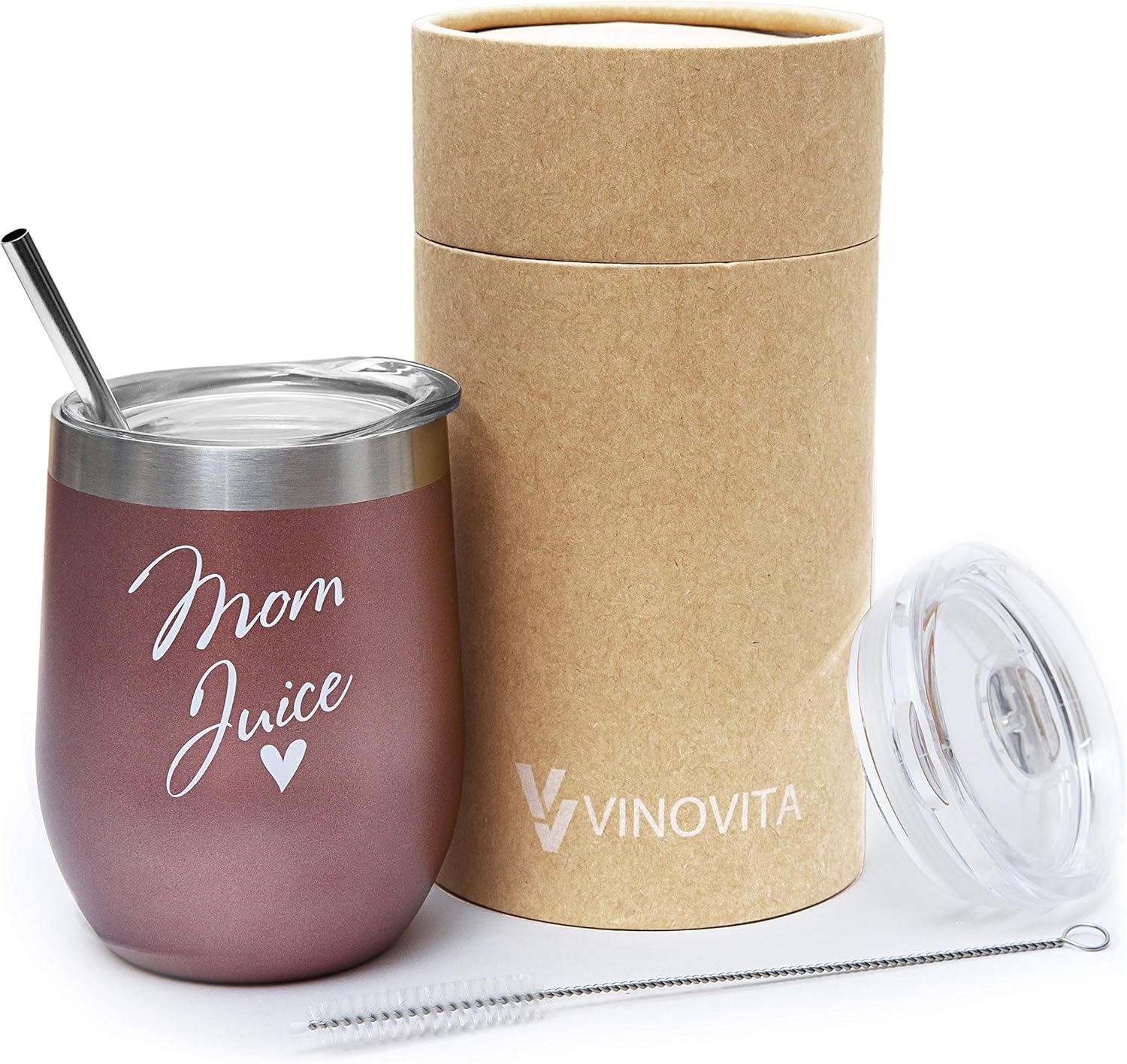 Mom Juice – VINOVITA Stainless-Steel Funny Wine Tumbler – Insulated Stemless Glass with 2 Lids, Straw, & Brush – Novelty Adult Sippy Cup – Perfect For Mother’s Day, Valentines, Birthday – 12oz