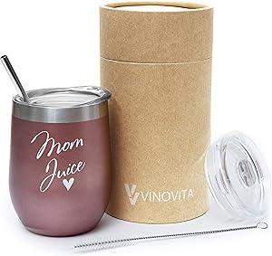 Mom Juice – VINOVITA Stainless-Steel Funny Wine Tumbler – Insulated Stemless Glass with 2 Lids, Straw, & Brush – Novelty Adult Sippy Cup – Perfect For Mother’s Day, Valentines, Birthday – 12oz