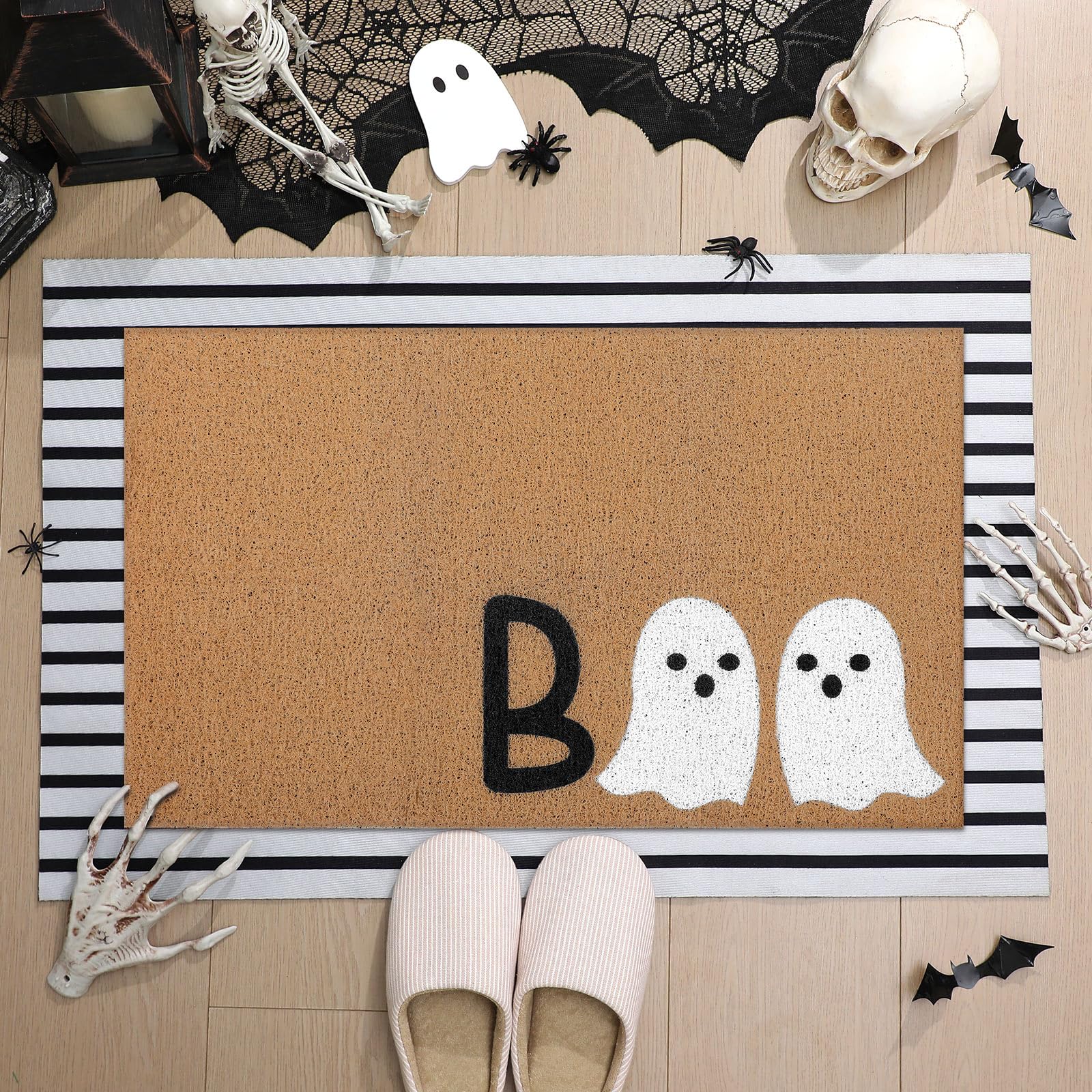 Photo 1 of Drydiet 2 Pcs Halloween Ghost Coir Doormats Outdoor Spooky Welcome Door Ghost Mats Layered Stripe Front Door Rugs Non Slip Floor Mats for Halloween Porch Entryway Indoor Outdoor Decor