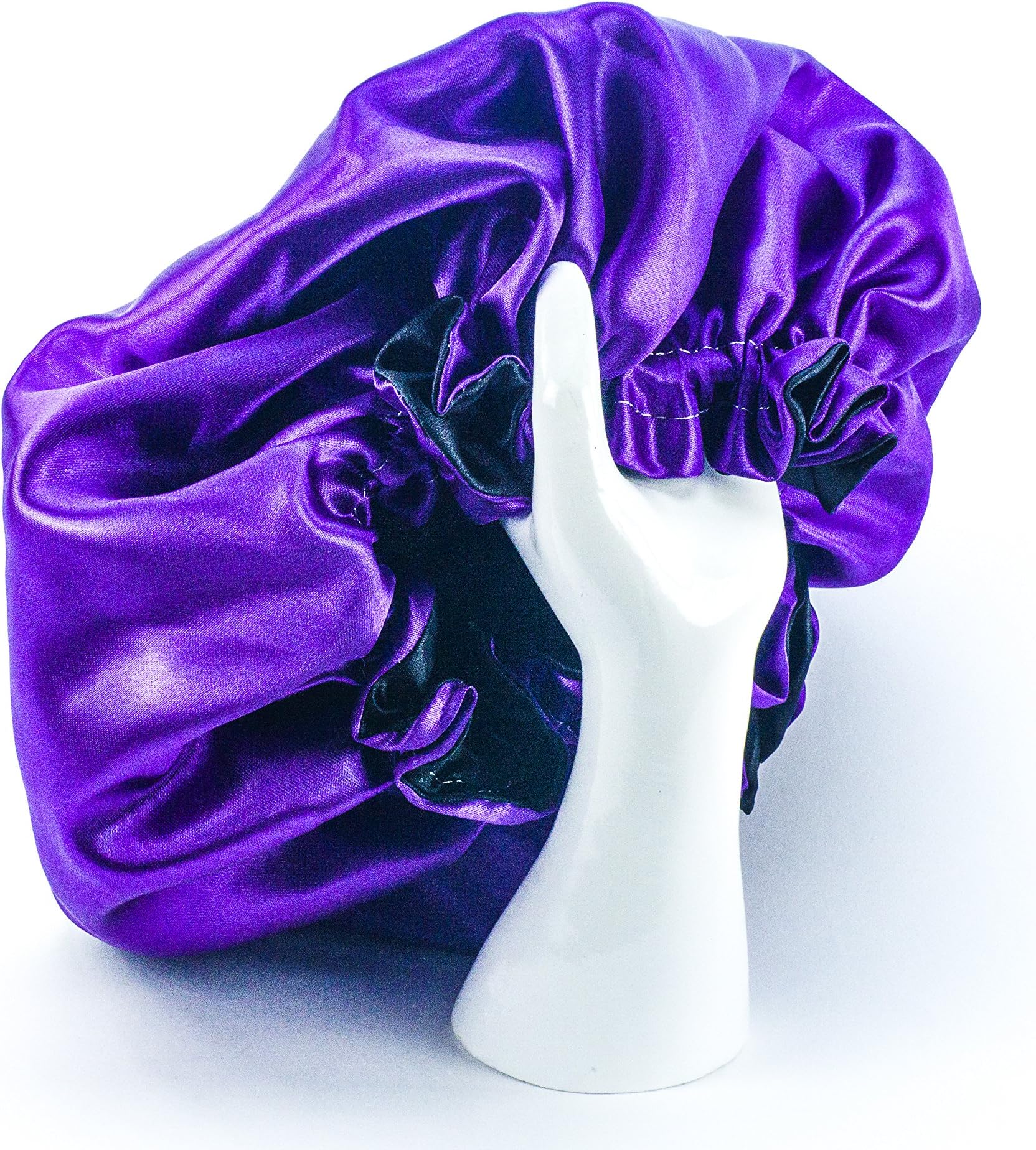 LARGE, PURPLE & BLACK New 22" Handmade Fully Reversible Luxuries Pure Satin Hair Bonnet Safe For All Hair Types - Most Beneficial Hair care Product Available- Royal Sensations Hair Bonnet