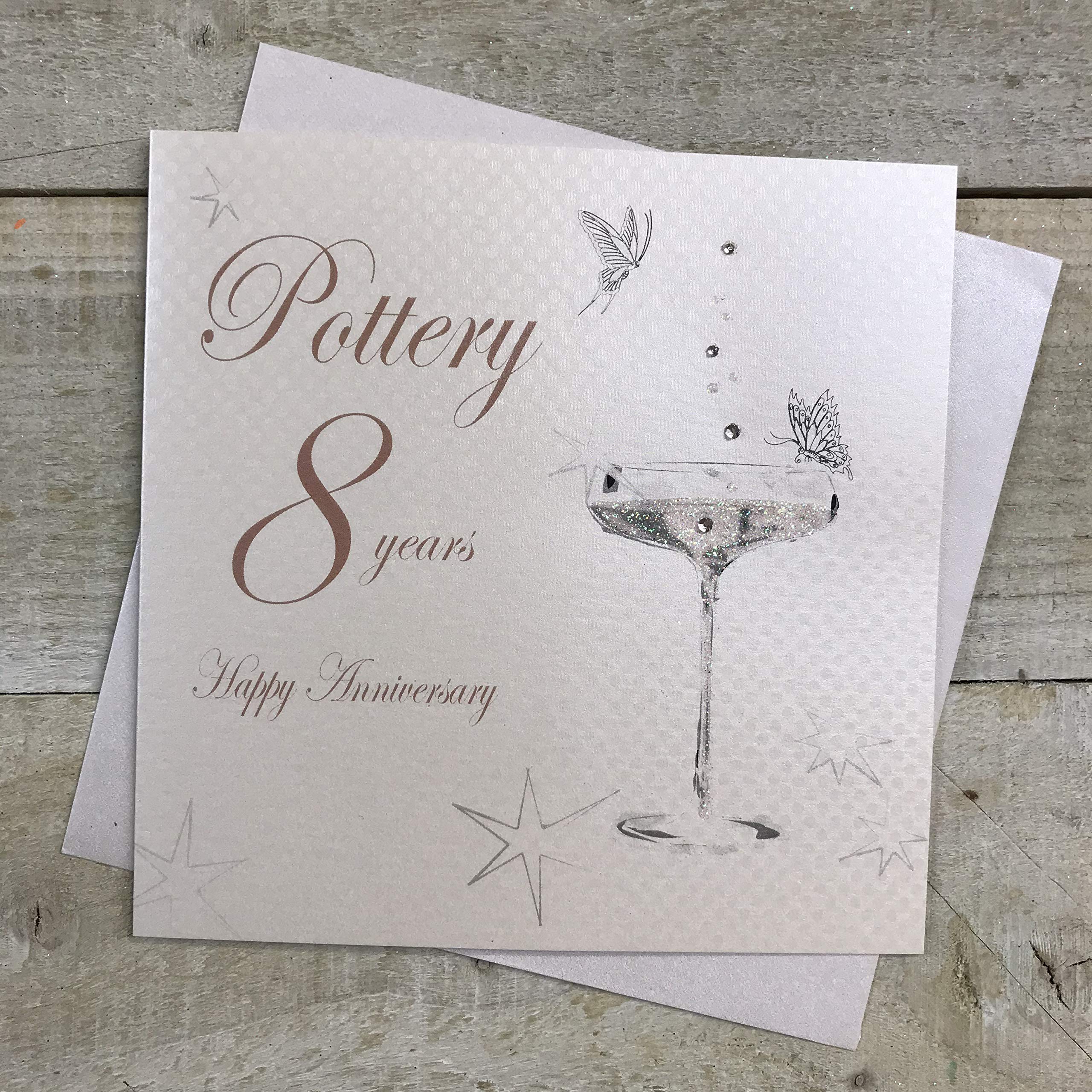 WHITE COTTON CARDS BD108C Coupe Glass Happy Anniversary 'Pottery' 8 Years Handmade Anniversary Card, White