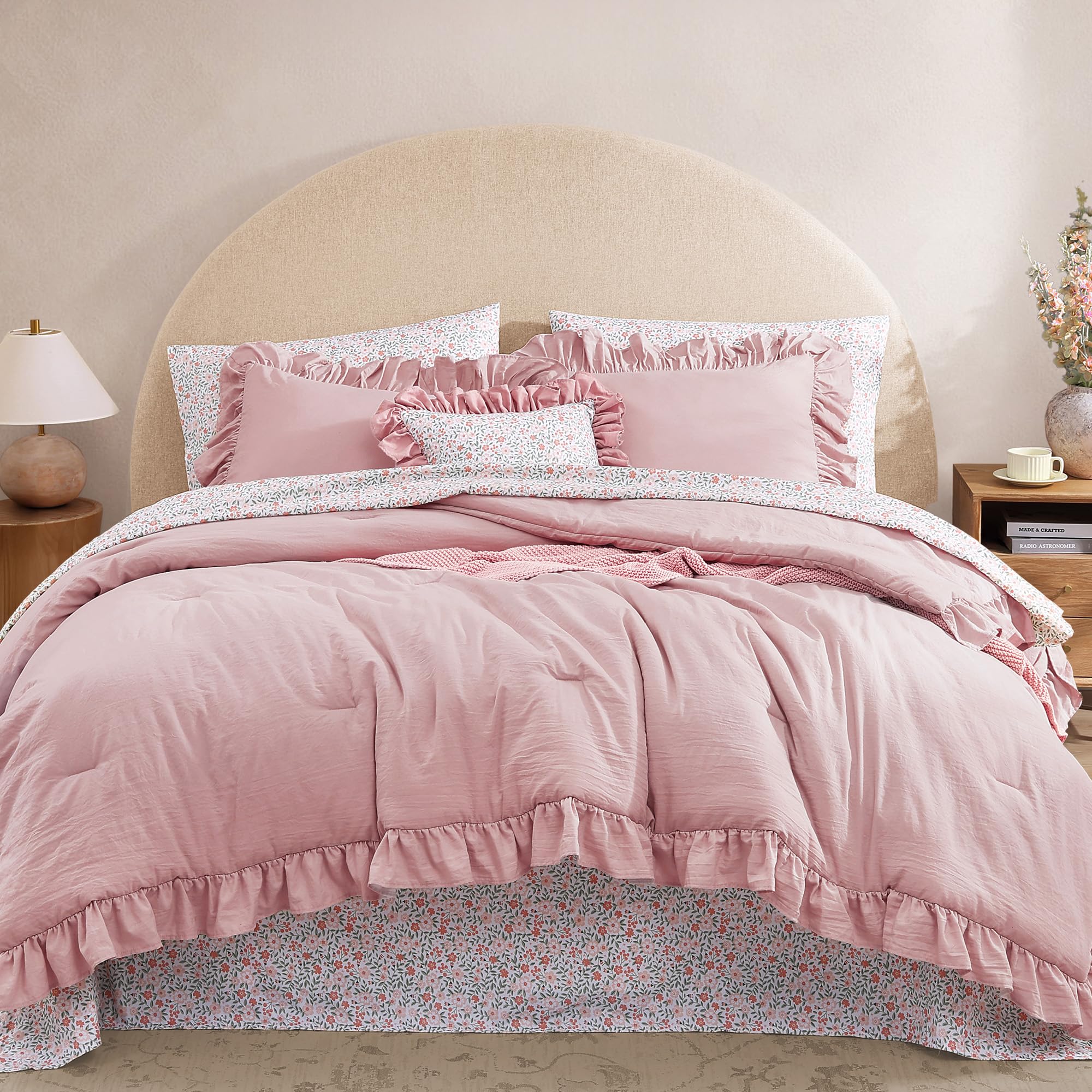 Photo 1 of BLOOMHAVEN Full Comforter Set - 7 Pieces Ruffle Soft Pink Bedding Sets, Shabby Chic Farmhouse Bed in a Bag Full with Ruffle Comforter, Floral Sheets, Pillowcases & Shams