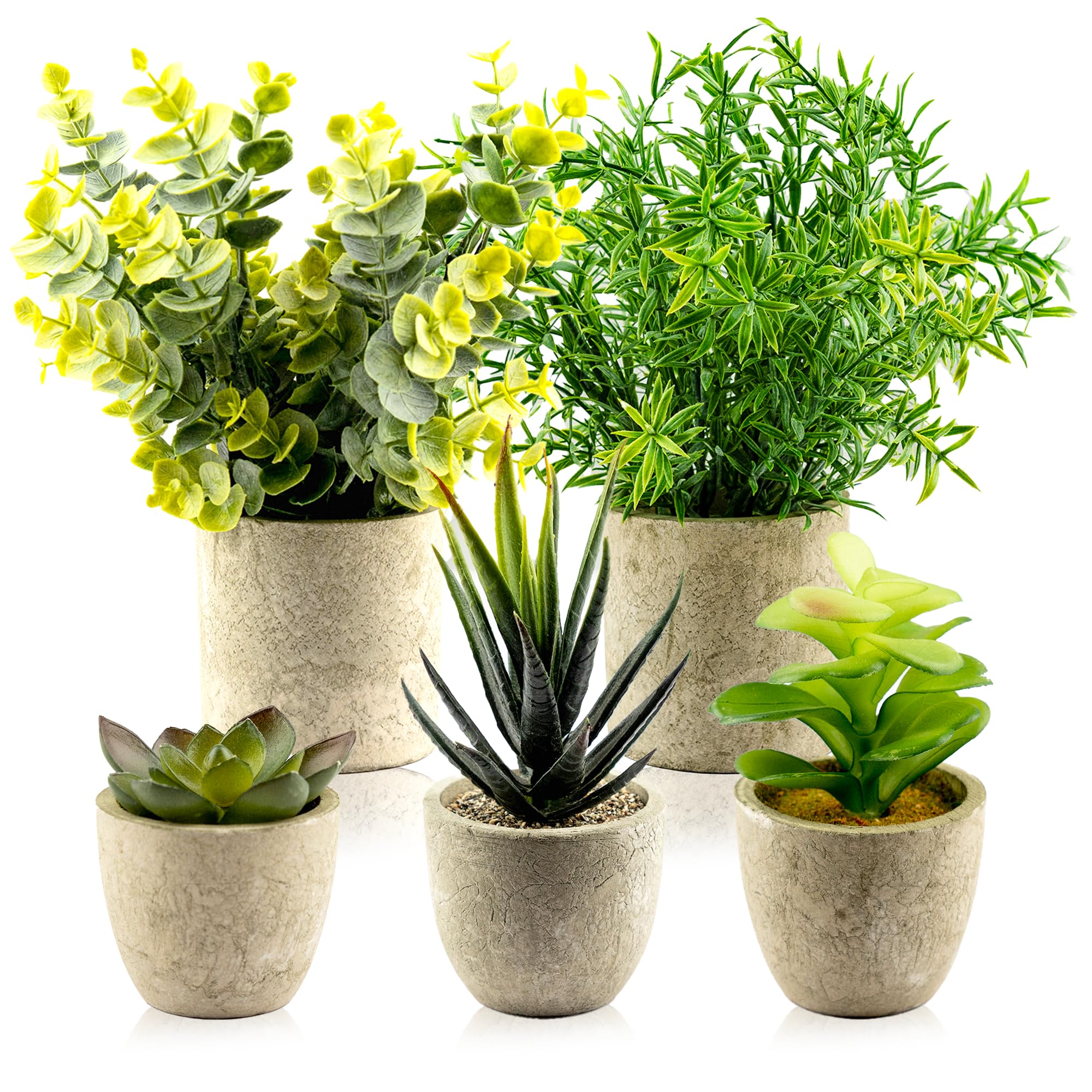 TRNZ Decorative Artificial Plants in Pots Set of 5 - Small Plastic Fake Plants Indoor with Pot - Eucalyptus Rosemary Succulents Mini Faux Plants for Wall Desk Bedroom Decoration