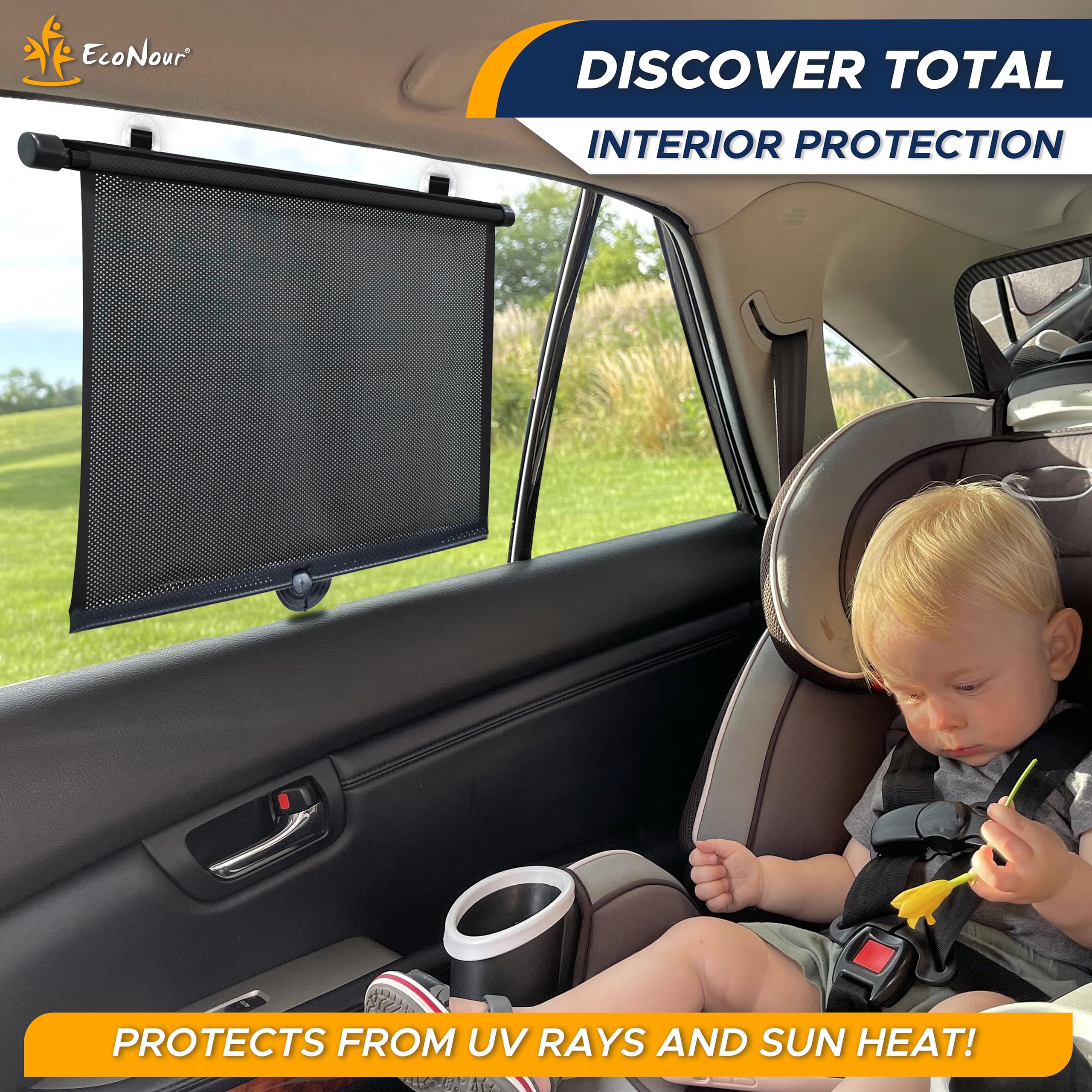 EcoNour Car Window Shades for Baby (2 Pack) - Upgraded | Shades for Side Window | Comes with Enhanced Suction Cups & Large Clips for Durability | Baby Car Accessories (15