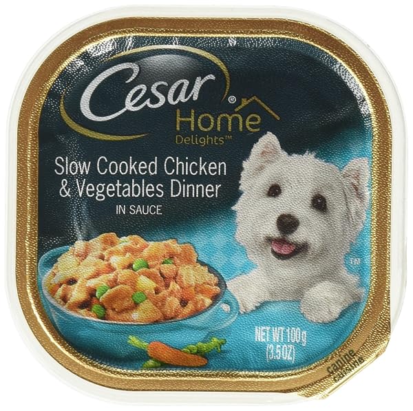 CESAR HOME DELIGHTS ADULT WET DOG FOOD, SLOW COOKED CHICKEN & VEGETABLES DINNER IN SAUCE 3.5 OZ. EASY PEEL DOG FOOD TRAY
