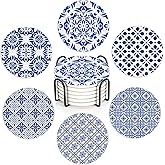 Drink Coasters Set of 6 with Holder, Handpainted Blue Pattern Absorbent Ceramic Coasters with Cork Base,Fit All Cups,Great Gift for Housewarming,Room Decor,Bar,Holiday Party