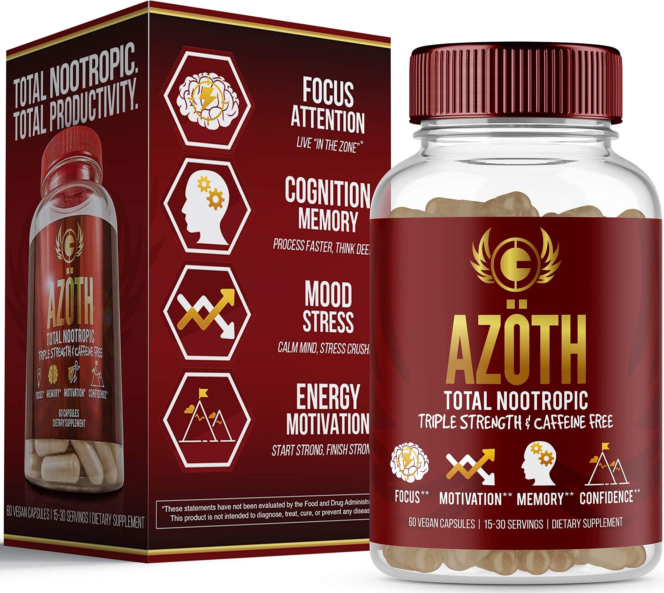 AZOTH Super Strength Nootropic For Focus, Anxiety, Motivation, Confidence, Mood, & Cognitive Enhancement-100% Caffeine Free-MADE IN USA in FDA & cGMP Compliant Facility