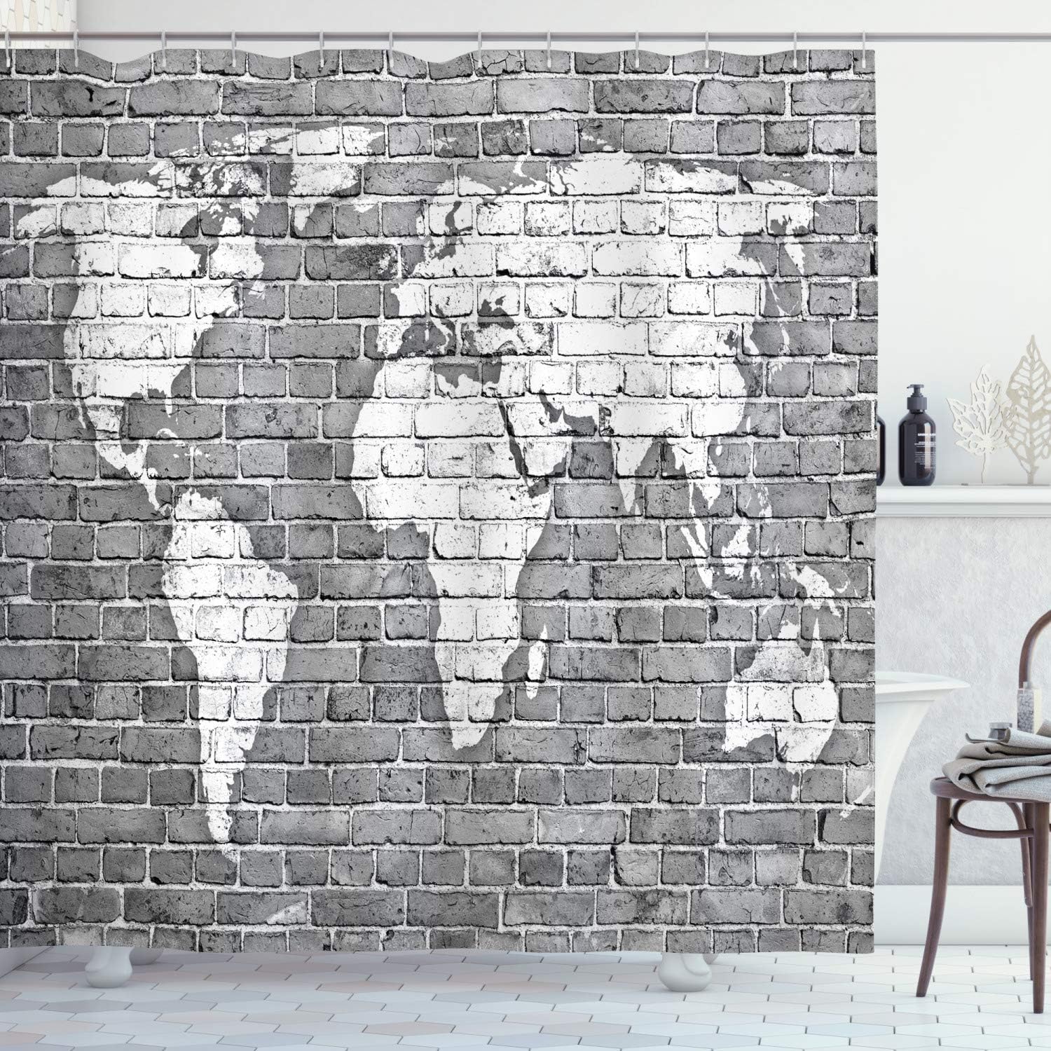 Ambesonne Wanderlust Shower Curtain, World Map on Old Brick Wall Construction Grunge Antique Stained Abstract, Cloth Fabric Bathroom Decor Set with Hooks, 84" Long Extra, Grey White