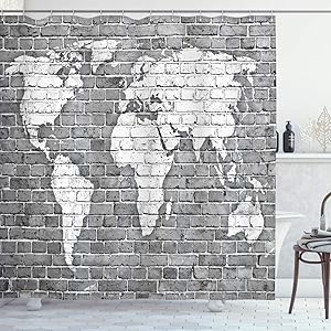 Ambesonne Wanderlust Shower Curtain, World Map on Old Brick Wall Construction Grunge Antique Stained Abstract, Cloth Fabric Bathroom Decor Set with Hooks, 84" Long Extra, Grey White