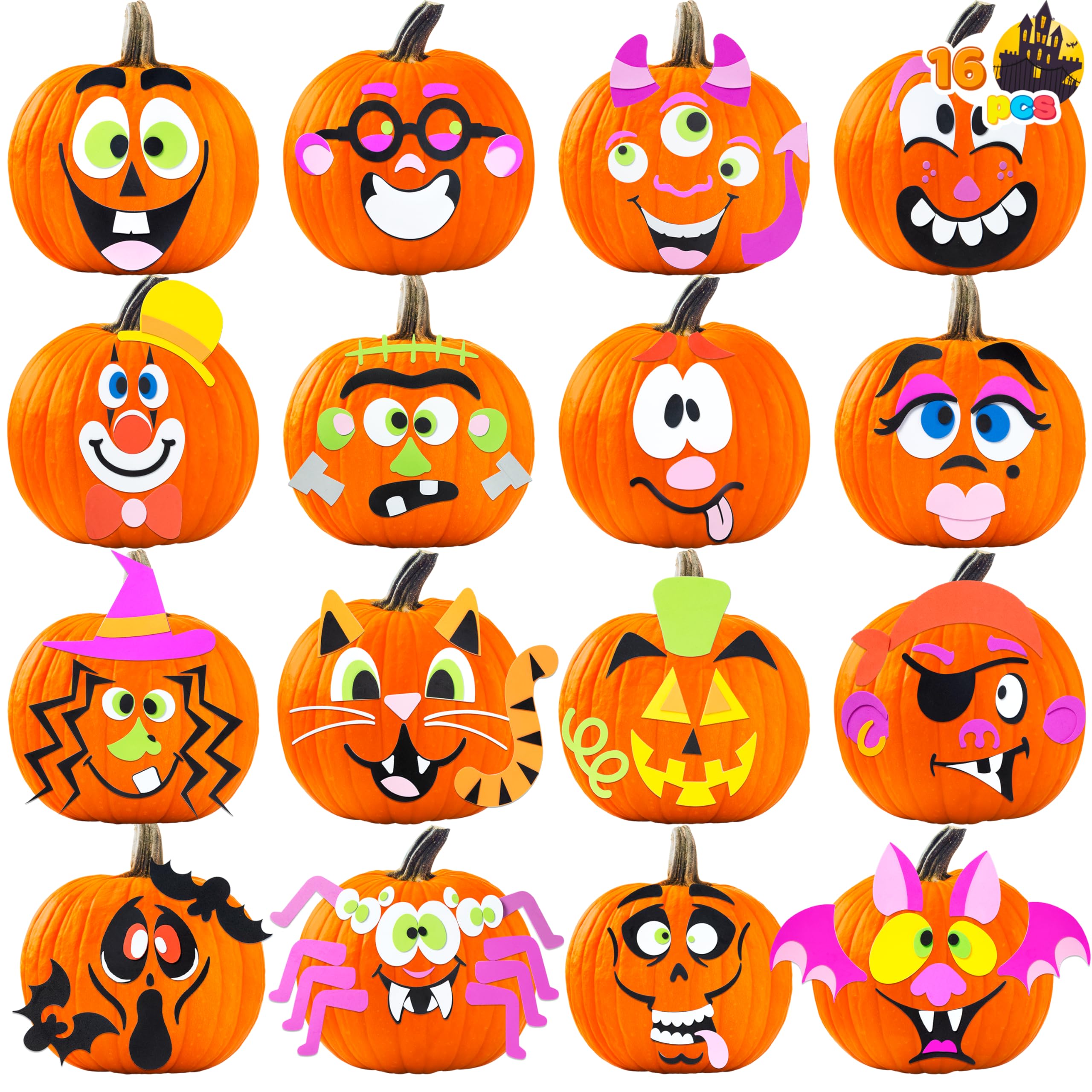 Photo 1 of JOYIN 16 Packs Halloween Pumpkin Decorating Stickers, Foam Craft Kit, Halloween Party Favors for Kids, Party Supplies Arts Activities, Funny Jack O Lantern Stickers School Games Gifts