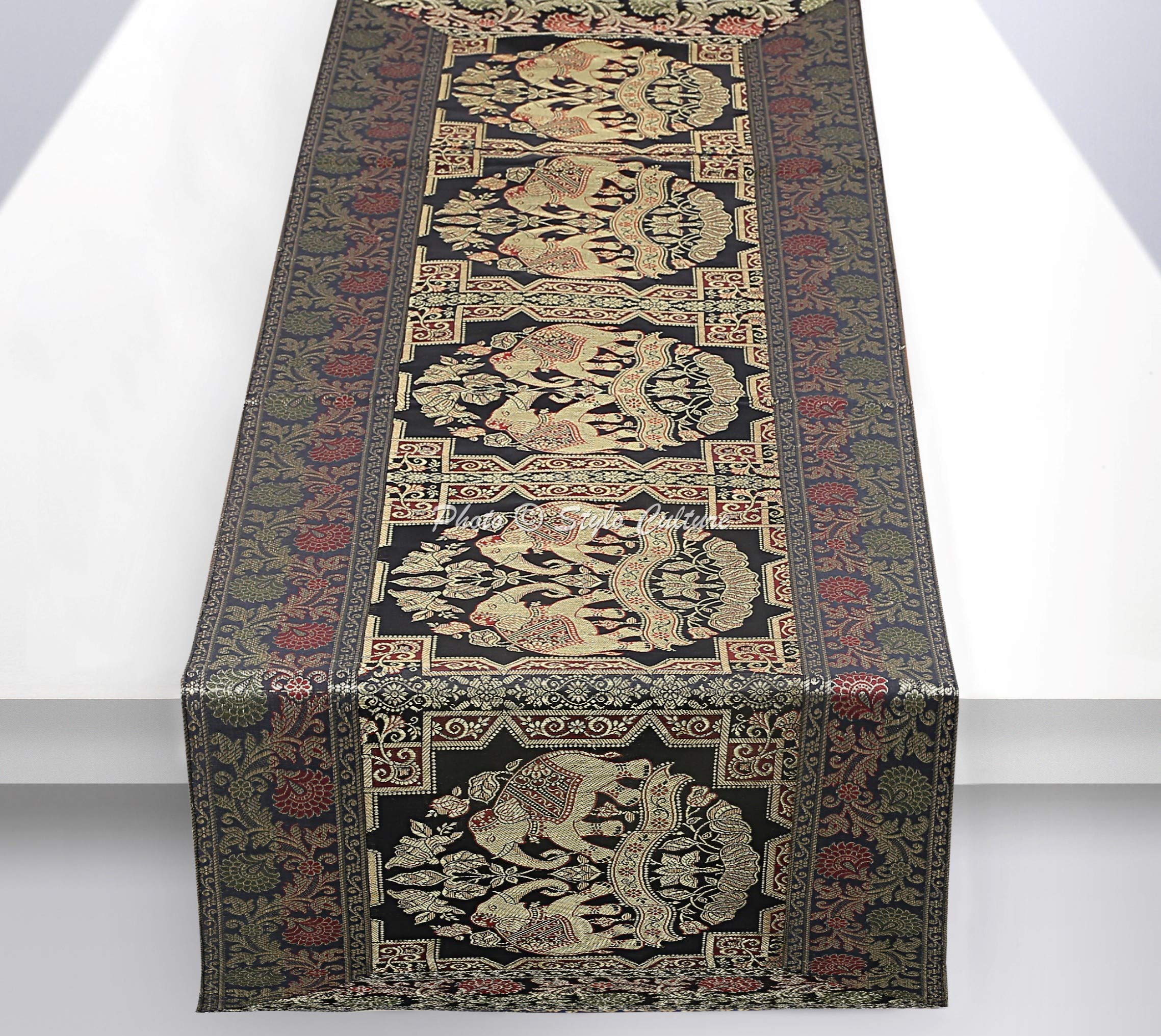 Stylo Culture Indian Dining Room Table Runner Black Gold Elephant & Floral Brocade Jacquard Rectangle Home Decor Ethnic Center Table Cloth | 60x16 Inches ( 152 x 40 cm)