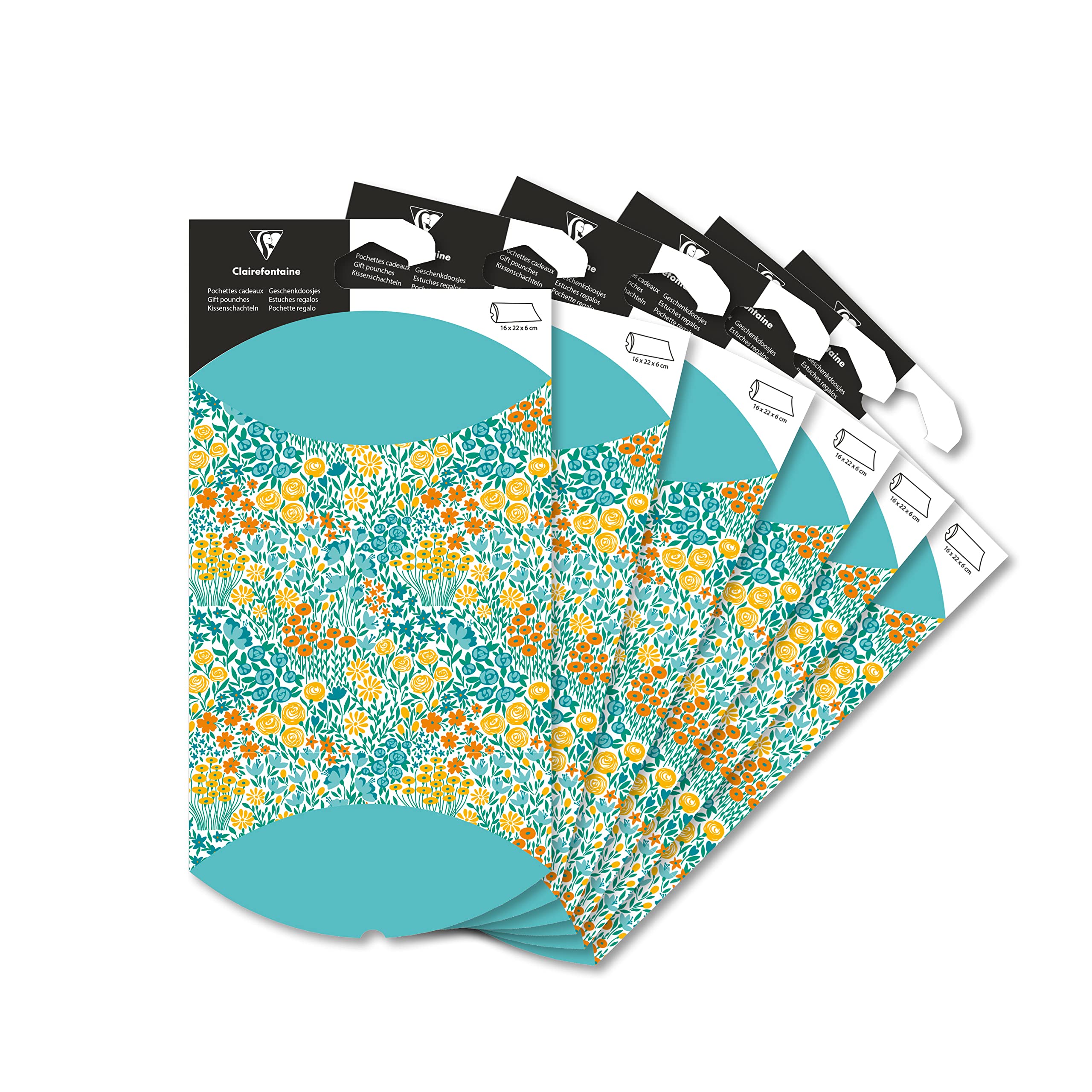Clairefontaine 618004C - 6 Small Folding Gift Bags - 16x22cm - Designs : Flowers - Pillow box - Gift wrapping - Suitable for small gifts, books, games, etc